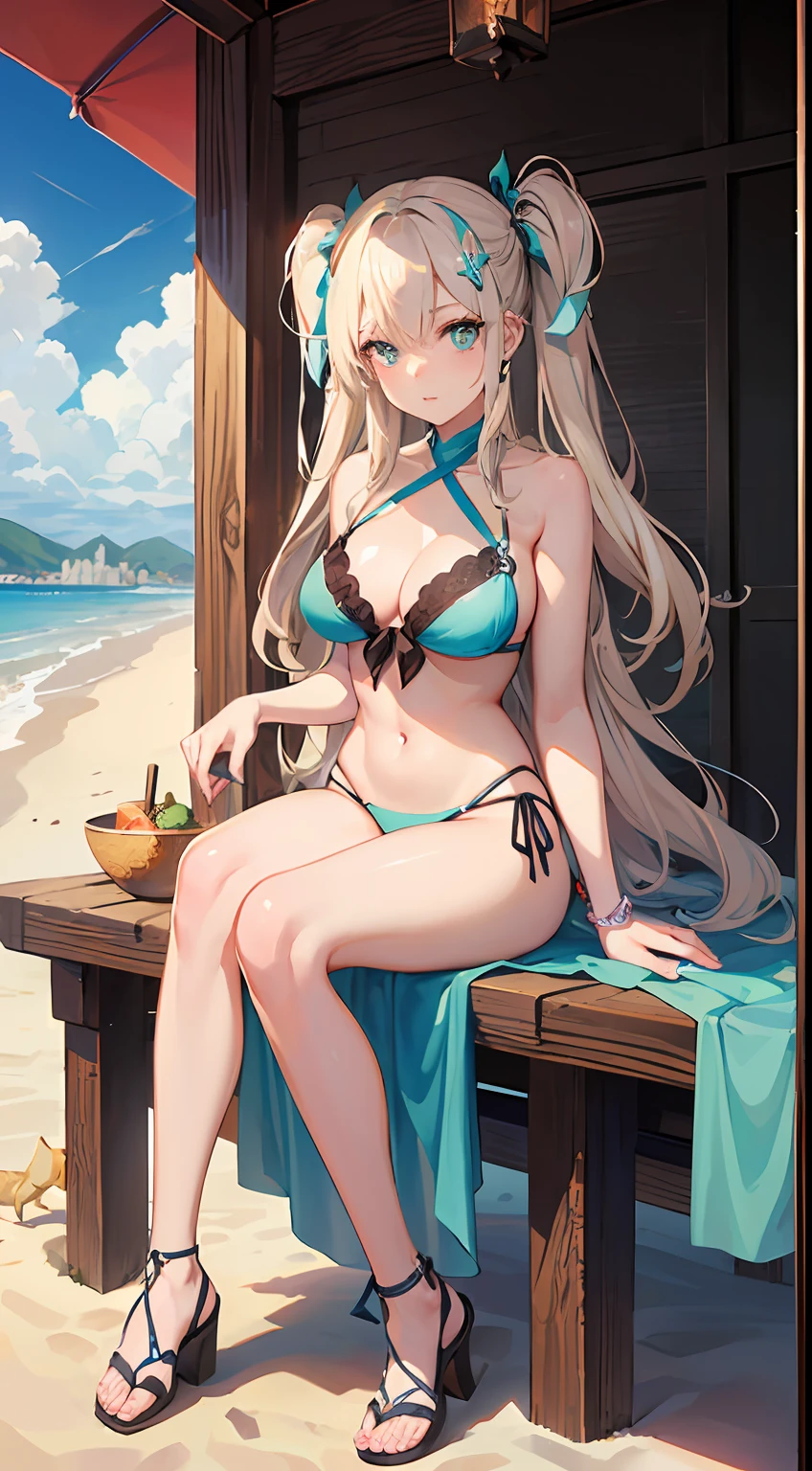 ((Best Quality)), (Ultra-detailed), ((Extremely detailed)), (Beautiful), ((Kawaii Girl)),(two side up hair).,Platinum Blonde Hair,Long hair, hair between eye, Wavy Hair, Long sideburns,Jade-colored eyes, White skin,Normal Chest,Slender body,Cross Halter Bikini,Sandals,Sitting,in beach,Look Camera