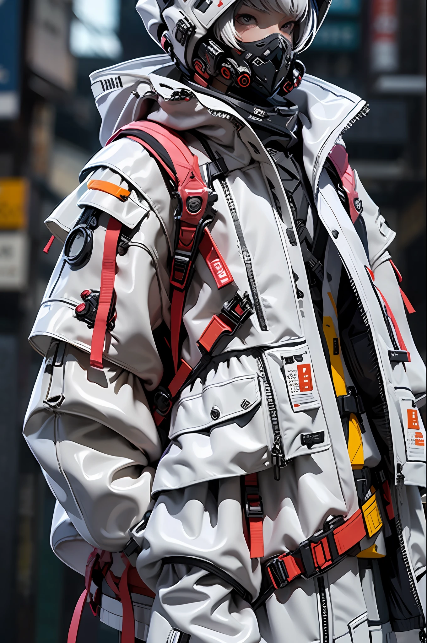 1girll, helmet, Hood, Solo, Spacesuit, short_Hair, bangs, Jacket, The upper part of the body_Body, White_Hair, bag, Blurry, Coat, Grey_Eyes, Mask, Blurry_Background, Backpack, zippers, Mouth_Mask, Covered_Mouth, Urban tech clothing, Outfit