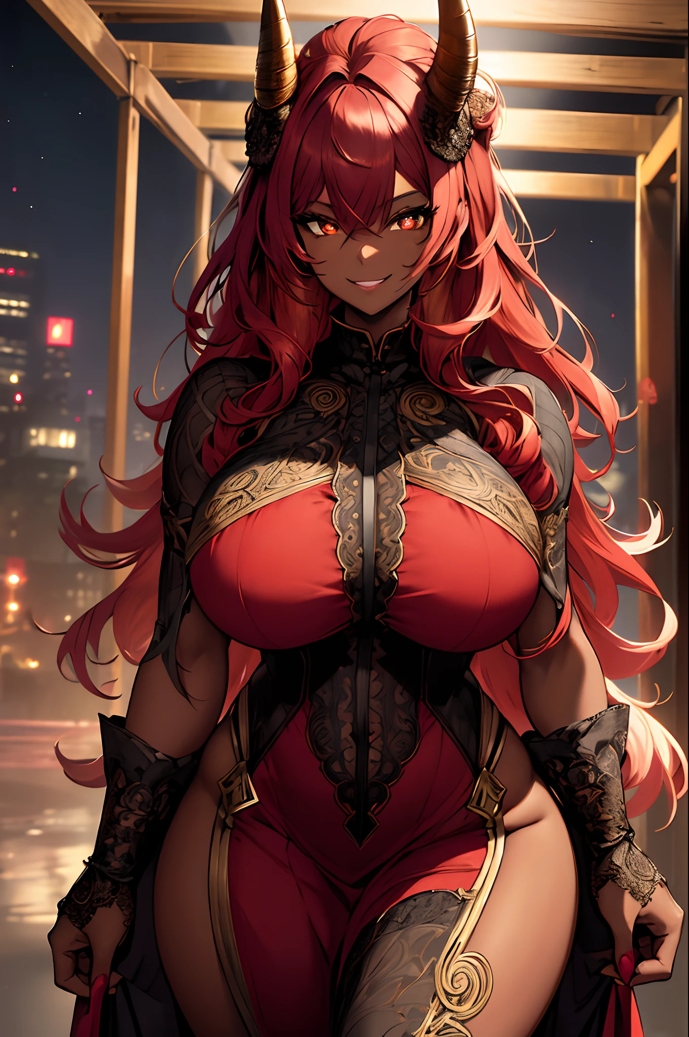 ((Intricate details)), cinematic shot, HDR, ((Intricate details, hyper-detailed)), (masterpiece:1.3, high resolution) a black busty girl, dark-skinned female, curvy, body frame and weight, voluptuous body build, very huge breasts, wide hips, thick hips, red pupils, red hair (neck-length, curled), tight gold colored dress, high heels (black), fancy formal dinner background, night time, 2 black and red oni horns, facial features (round face, warm smile, full lips)