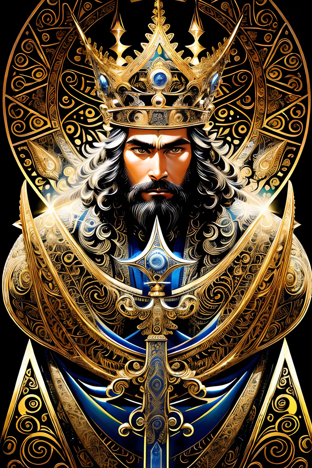absurderes、hight resolution、ultra-detailliert、(Ultra detailed backgrounds、detailedbackground)、ighly detailed、
middle aged man、Legendary Sword、(Zentangle:1.1)、(Geometry:1.1)Good anatomy、Dramatic、Award-winning、masterpiece、(King of Kings)、(hali々and the king's costume)、(diadems)、Wise men in mythology、