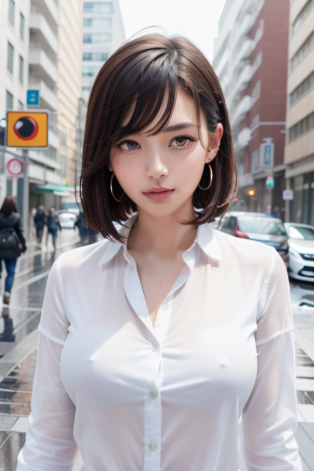 ((Best Quality, 8K, Masterpiece: 1.3)), Sharp: 1.2, Perfect Body Beauty: 1.4, Slim Abs: 1.2, ((Layered Hairstyle, Big Breasts: 1.2)), (Wet White Button Long Shirt: 1.1), (Rain, Street: 1.2), Wet: 1.5, Highly detailed face and skin texture, detailed eyes, double eyelids, side face looking at the camera