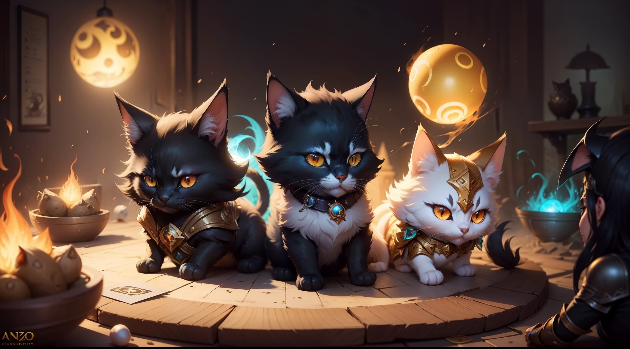 Illustration of a cat with a glowing orb on its paws, furry fantasy art, full art illustration, Arte completo, fantasy card game art, magic the gathering art style, Estilo de arte arcano, pintado en el estilo arcano, dnd arte fantaso, Splash Art oficial, Mago Zorro Oscuro, anthropomorphic cat ninja, league of legends art style, Arte de salpicaduras de personajes