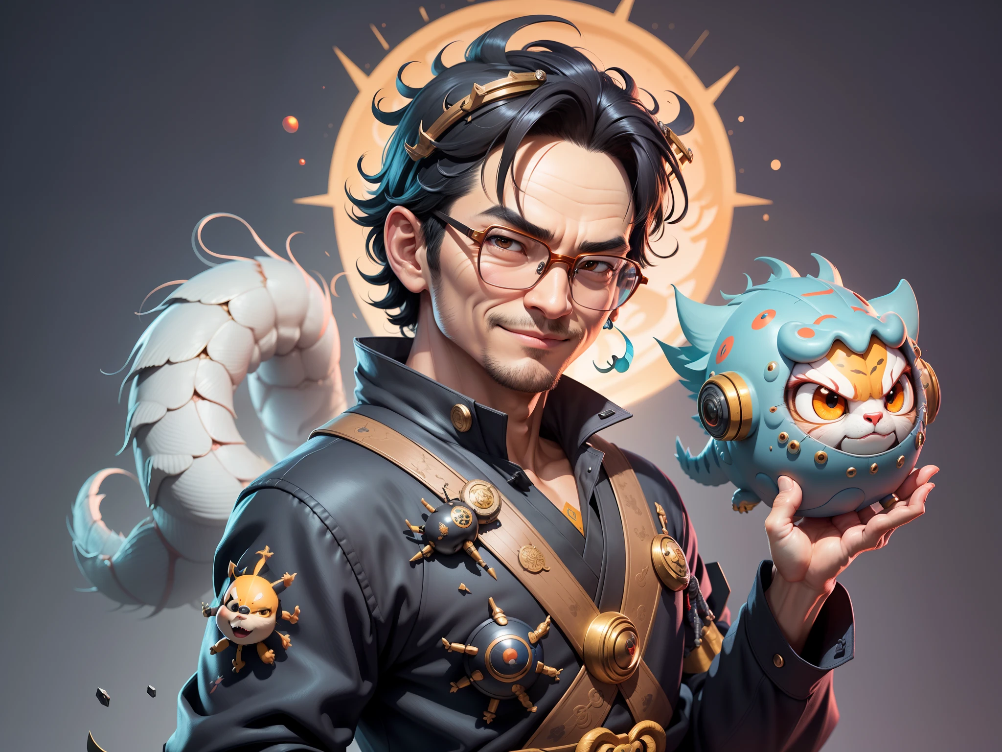 (Masterpiece), (Excellent), (Super Meticulous), (Full Body: 1.2), Super Young Man with Japanese Female Geisha, Pretty, Beautiful, Chinese Dragon, Tiger, Wind God Thor, Sexy, Bursting, Oriental Face, TV Anchor, Bust Portrait Illustration, Black Suit, Blue Tie, Slightly Chubby Face, Silver Glasses, Very Clean Face, No Beard on Chin, Black Super Short Hair, Black Eyes, Confident Smile, 3c Computer Sub-Products, iPad, iPhone, Digital Painting, 3D character design by Mark Clairedon and Pixar and Hayao Miyazaki and Akira Toriyama, the illustrations are HD illustrations in 4K resolution with highly detailed facial features and cartoon-style visuals.