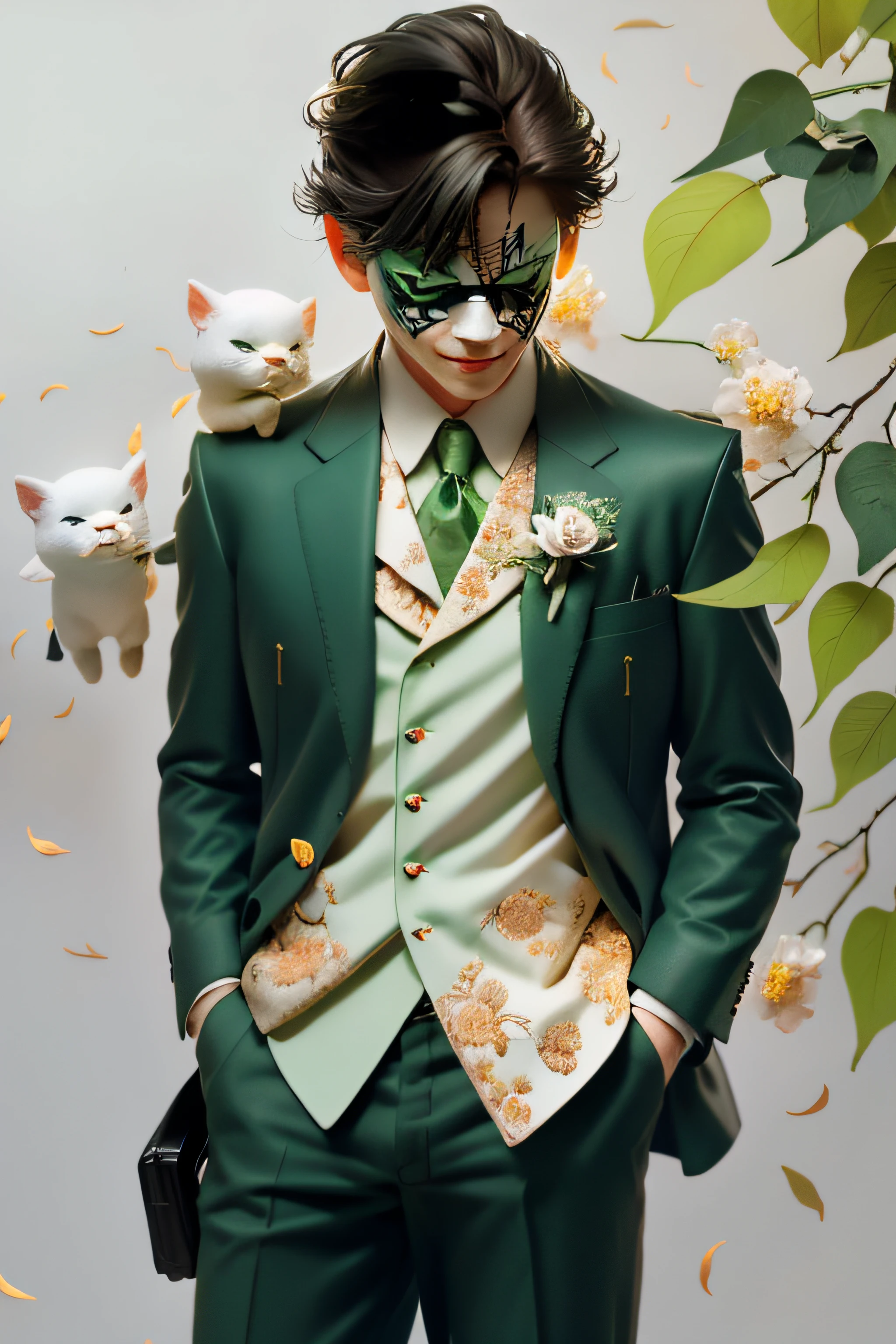 green leaf, Flowers, Boy in green suit and white shirt,Joker mask,holding a pistol in hand,A boy's face poked his head out of the leaves,The background is a variety of toys,Neon streamers,(Highest image quality), (The work of the master), (Hyper-detailing), (eye detailed: 1.0), (light flare lens: 1.0), (unwind, downy :1.2), (Light beauty details:1.0),(ssmile:1.0) , ({eyeslashes|eye shadows||})