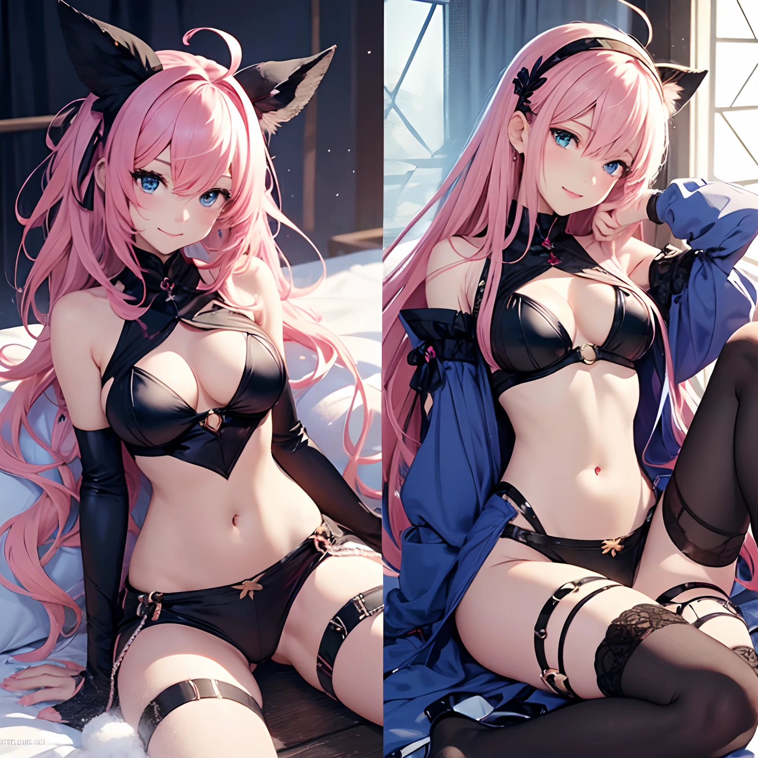 1人， 独奏， （full bodyesbian）， realisticlying， super fine illustrations， beautiful attractive anime girl， ultra-detailliert， ssmile， A beautiful Blue eyes， Beautiful proportions， megurine luka， with pink hair， Gentle looking， seductive anime girls，  Erotic idol costumes， ahoge，