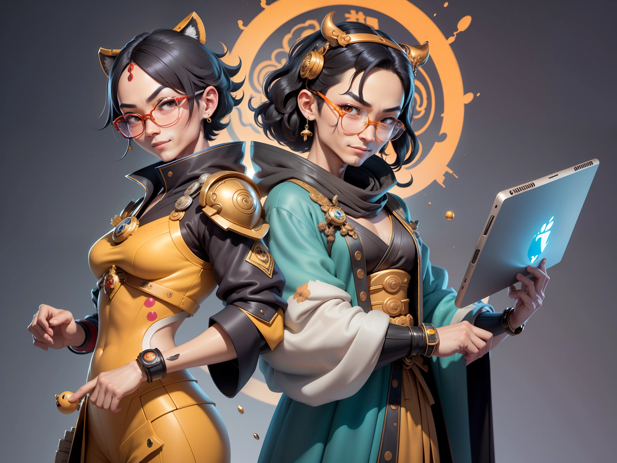 (Masterpiece), (Excellent), (Super Meticulous), (Full Body: 1.2), Super Young Man with Japanese Female Geisha, Pretty, Beautiful, Chinese Dragon, Tiger, Wind God Thor, Sexy, Bursting, Oriental Face, TV Anchor, Bust Portrait Illustration, Black Suit, Blue Tie, Slightly Chubby Face, Silver Glasses, Very Clean Face, No Beard on Chin, Black Super Short Hair, Black Eyes, Confident Smile, 3c Computer Sub-Products, iPad, iPhone, Digital Painting, 3D character design by Mark Clairedon and Pixar and Hayao Miyazaki and Akira Toriyama, the illustrations are HD illustrations in 4K resolution with highly detailed facial features and cartoon-style visuals.