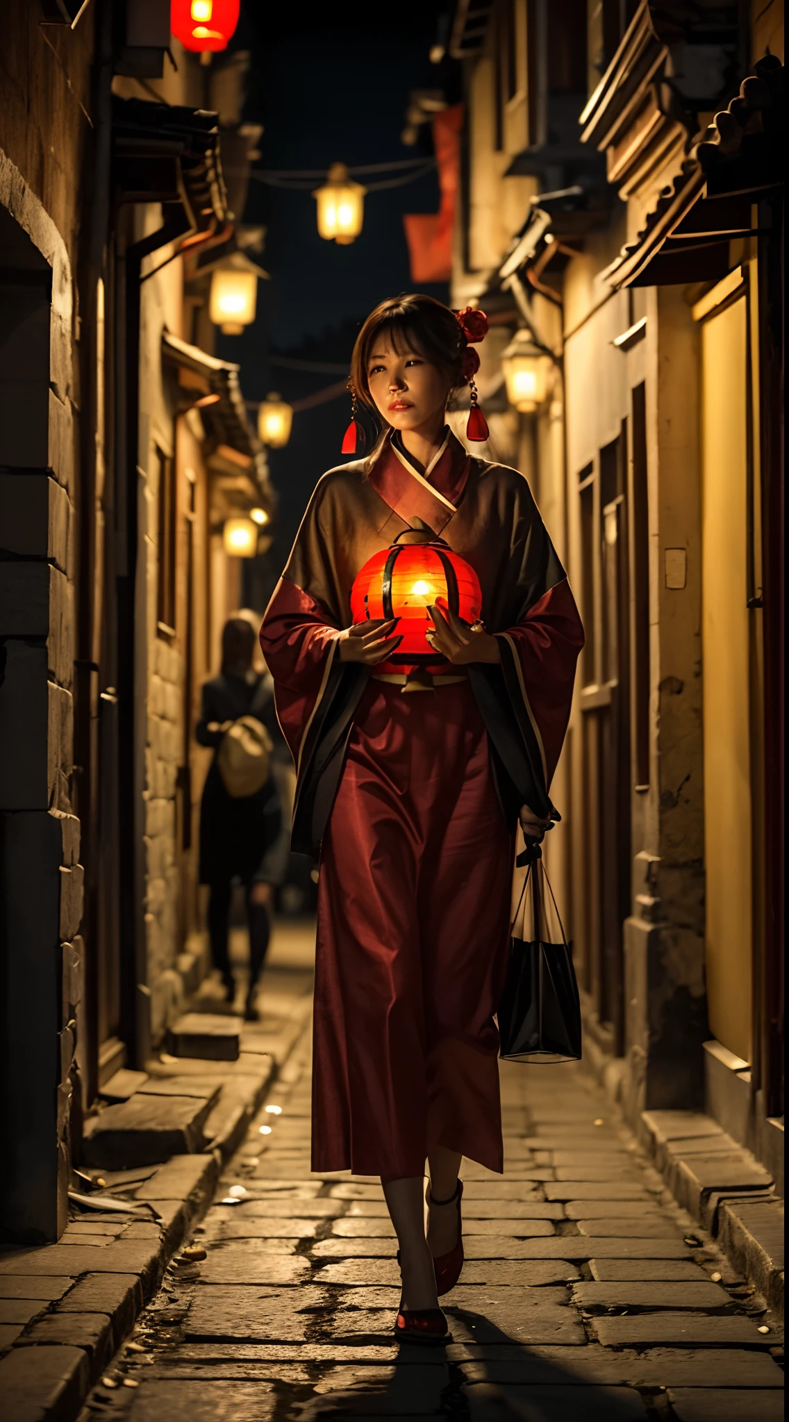 (woman:1.5)Carrying a red lantern，the night，Ancient streets and alleys，Dignified and elegant，Good facial features