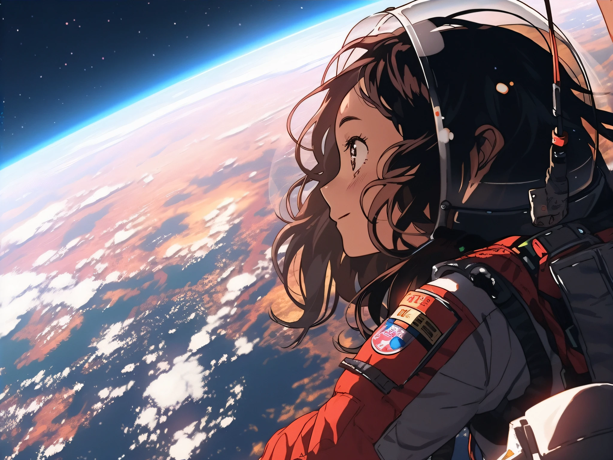 Anime girl in spacesuit looking out the window of space shuttle, portrait anime space cadet girl, girl in space, 4K anime wallpaper, looking off into space, Anime wallpaper 4 k, Anime wallpaper 4K, Anime art wallpaper 4k, Anime art wallpaper 4 K, Anime art wallpaper 8 K, girl looks at the space, style of anime4 K