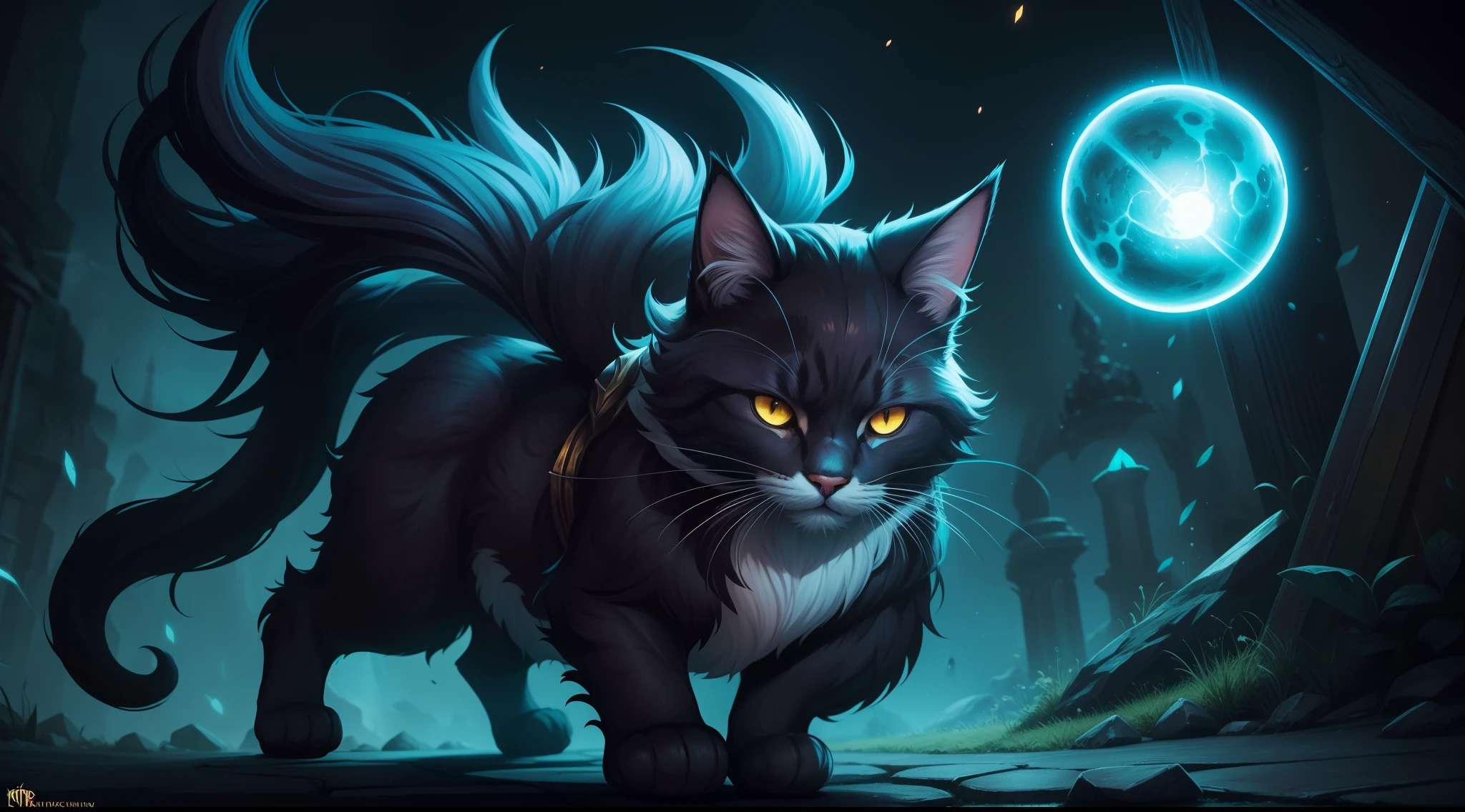 Illustration of a cat with a glowing orb on its paws, furry fantasy art, full art illustration, Arte completo, fantasy card game art, magic the gathering art style, Estilo de arte arcano, pintado en el estilo arcano, dnd arte fantaso, Splash Art oficial, Mago Zorro Oscuro, anthropomorphic cat ninja, league of legends art style, Arte de salpicaduras de personajes