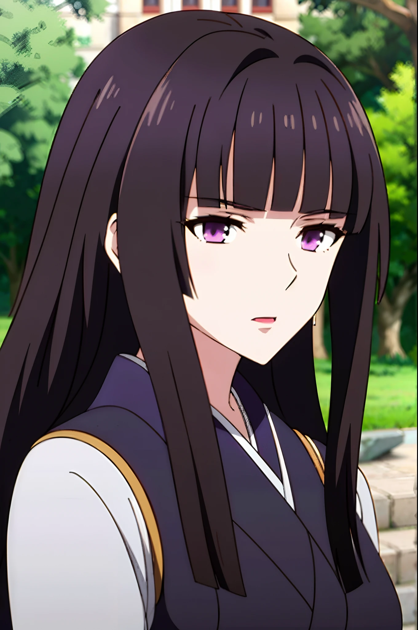 glass, 1girl, solo, long hair, bangs, black hair, purple eyes, looking at viewer, upper body, blunt bangs, kimono, lipstick, hime cut, close up, ((masterpiece)), ((best quality)), ((high detailed illustration)), ((high detailed background)), ((realistic lighting))