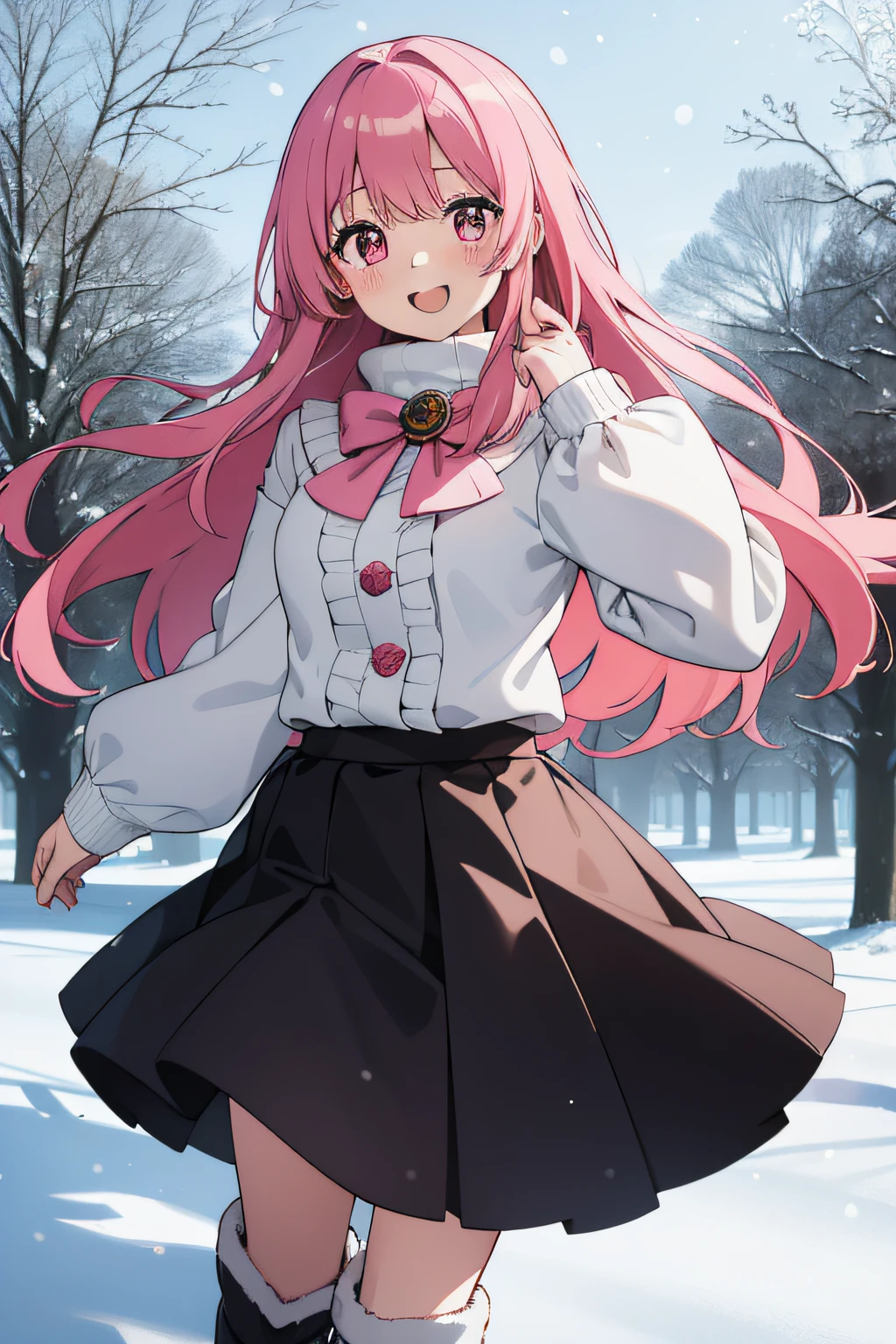 masterpiece, best quality, 1girl, white sweater, black skirt, red Muffler, pink hair, long hair, pink eyes, long sleeves, smile, looking at viewer, outdoors, brooch, open mouth, :d, blush, frilled sleeves, hand up, puffy long sleeves, very long hair, frilled skirt, tree, contemporary, day, floating hair, light, winter background, snowing, winter, boots, winter boots, ((detail face))