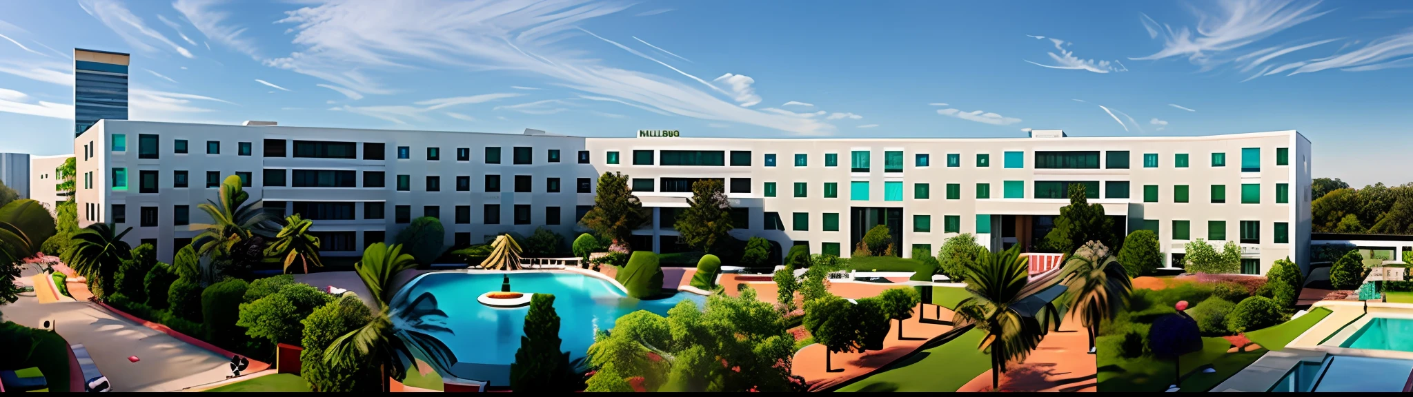 arafed view of a building with a pool and trees, building facing, full building, modern technology building, research complex, front-view, wide view, full - view, panorama view, exterior view, office building, outside view, above view, centre image, vista, very wide view, landscape view, vastayan, full morning sun, horizon view