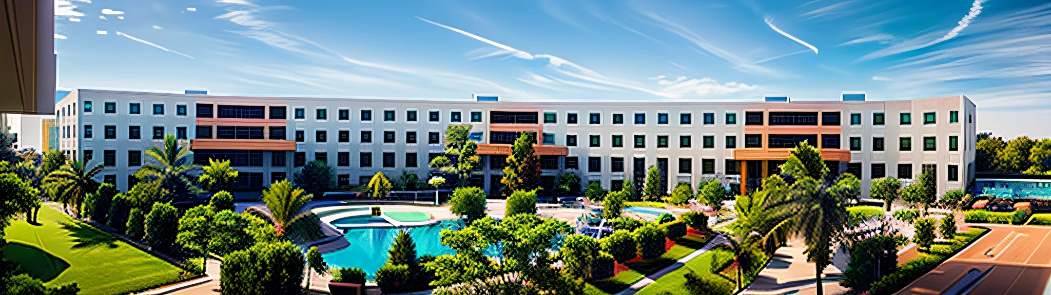 arafed view of a building with a pool and trees, building facing, full building, modern technology building, research complex, front-view, wide view, full - view, panorama view, exterior view, office building, outside view, above view, centre image, vista, very wide view, landscape view, vastayan, full morning sun, horizon view