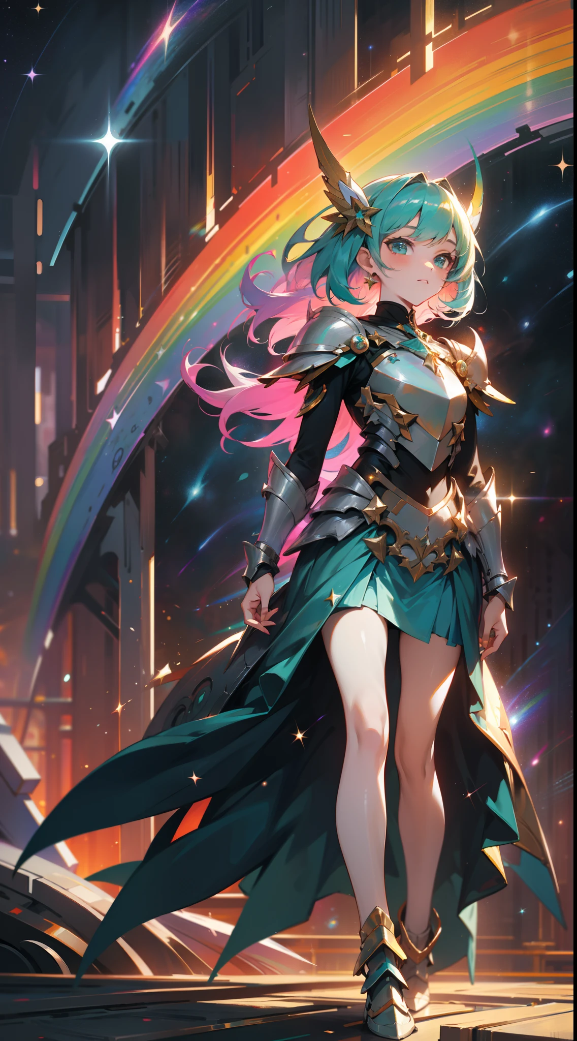 A girl with rainbow-colored hair and teal dress armor,full-body portraits,Walk among the stars,rainbow colored cosmic nebula background,As estrelas,galaxias