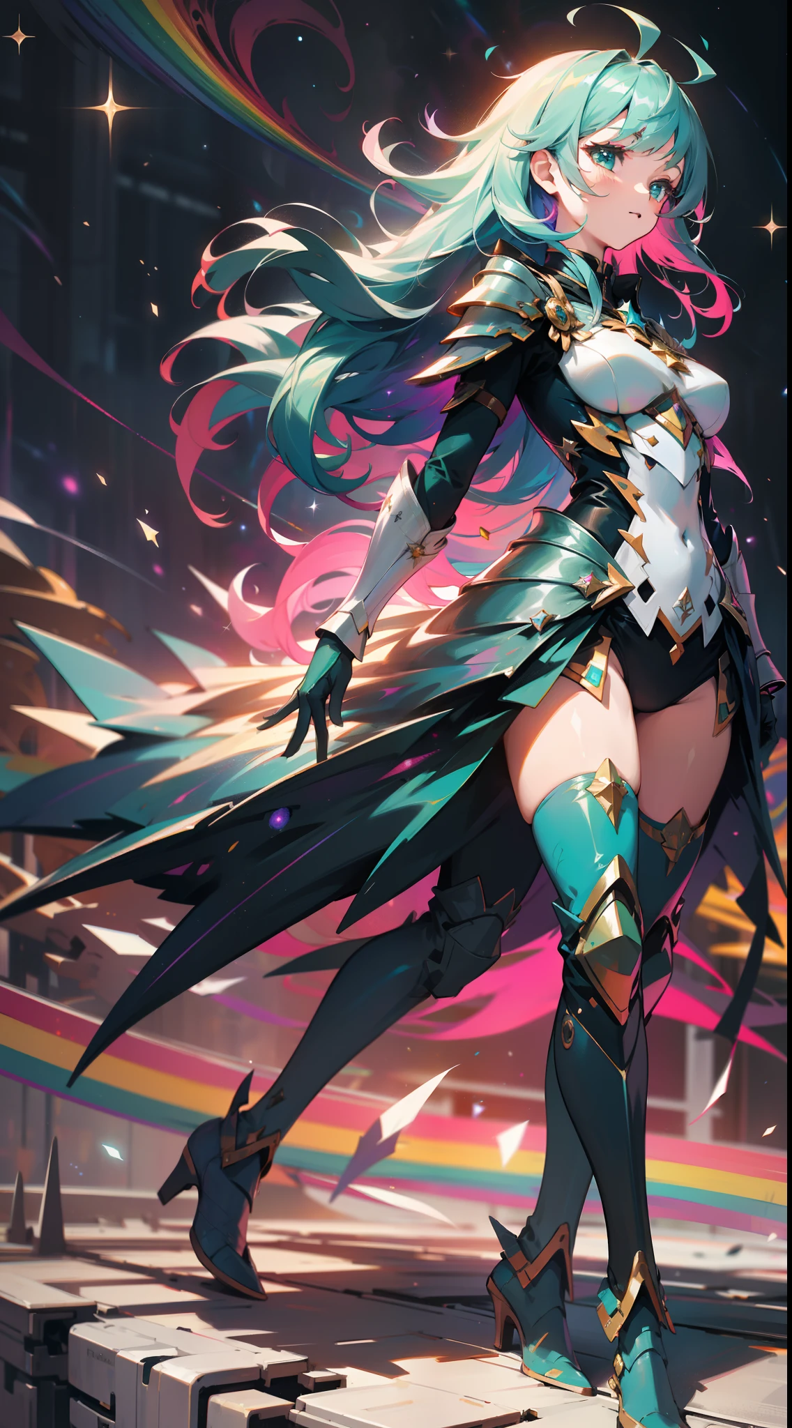 A girl with rainbow-colored hair and teal dress armor,full-body portraits,Walk among the stars,rainbow colored cosmic nebula background,As estrelas,galaxias