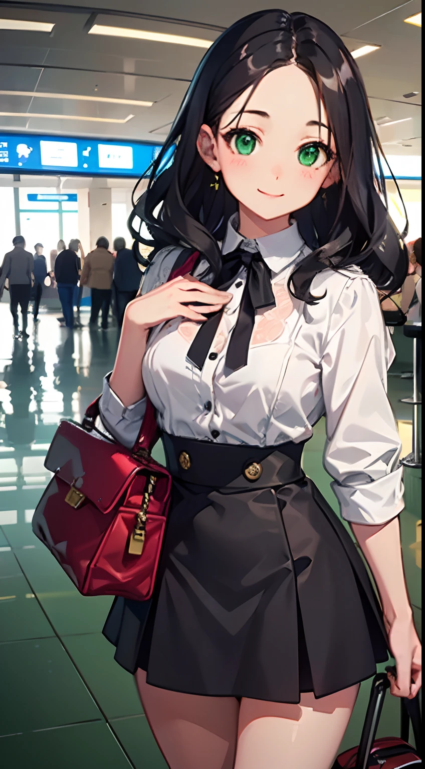 ((Best Quality)), (Ultra-detailed), ((Extremely detailed)), (Beautiful), ((Kawaii Girl)),Medium Hair,Forehead,Dark blue hair,(Wavy Hair),Green eyes,smock blouse,Mini skirt,regular breasts,Smile,Airport lobby,One Woman