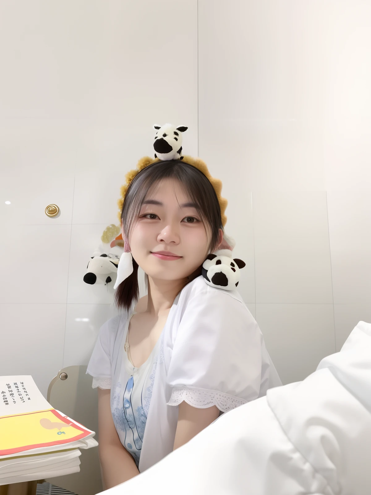 There was a woman sitting in the bathroom,Wearing a bull's headband, xintong chen, wenfei ye, cow, Middle metaverse, Chiba Yuda, chengyou liu, wenjun lin, xue han, Wang Qichao, by Ye Xin, wearing a cute hat, jinyiwei