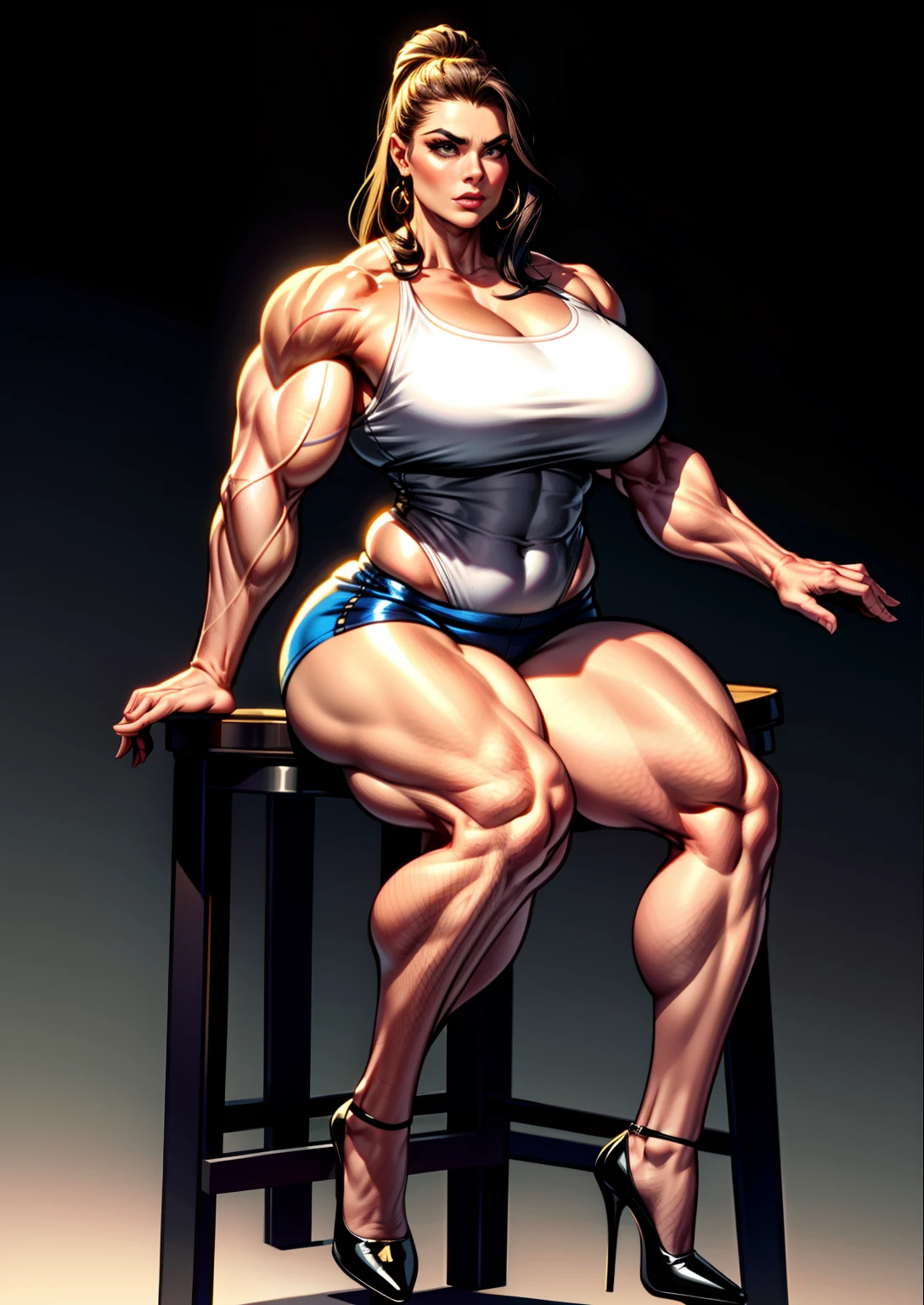 tmasterpiece,(Full body like:1.1),Burly woman,Exaggerated large muscles,Beautiful and charming woman face,stocklings,high-heels,Sit on a barstool,Two legs ,1female,Thin waist,Very broad shoulders,Huge latissimus dorsi, Oversized muscles,Strong and powerful arms,Stout arms,Thick and powerful leg muscles,long leges,