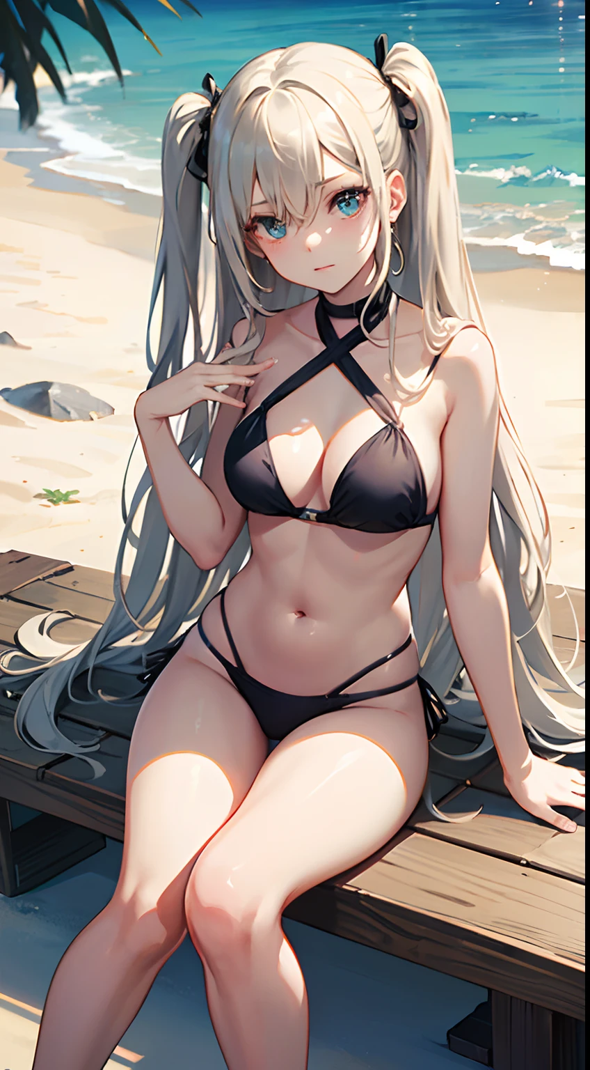 ((Best Quality)), (Ultra-detailed), ((Extremely detailed)), (Beautiful), ((Kawaii Girl)),(two side up hair).,Platinum Blonde Hair,Long hair, hair between eye, Wavy Hair, Long sideburns,Jade-colored eyes, White skin,Normal Chest,Slender body,Cross Halter Bikini,Sandals,Sitting,in beach,Look Camera