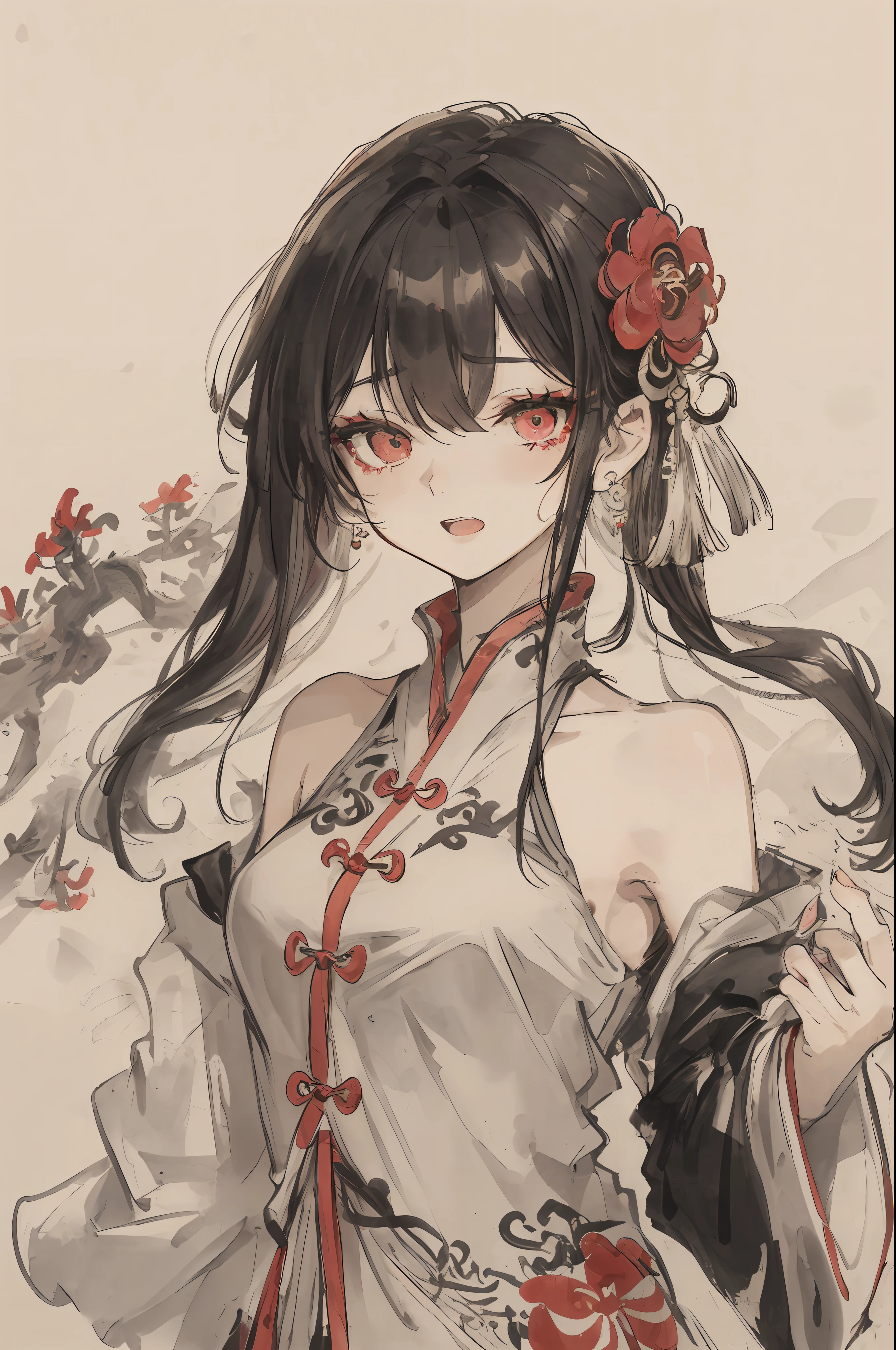 ((High resolution)), (Open Mouth), (Bust), (Top Quality), ((Super Fine)) (Super Fine CG)), ((8k_wallpaper)), Dynamic Angle, Floating, (Eyes with Beautiful Details), Very Delicate and Beautiful Girl, Upper Body, Ink Painting, (Chinese Style), Dark Eyes, Burning, Detail Light. from_low, (black hair), (red spider) lily: 1.33), aqua eye, (hair flower: 1.3), Bloom, single, starry sky, hair accessories, earrings, jewelry, messy hair, bare shoulders, half-closed eyes, bloom, (men), (Hanfu: 1.3), (Medium breasts): 1.2), (Eyeshadow, Red Eyeliner: 1.15), (Eyeshadow, Red Eyeliner: 1.15), (Eyeshadow, Red Eyeliner: 1.15), (Visible Eyes Through Hair: 1.2), (Solo Exhibition), Red Moon