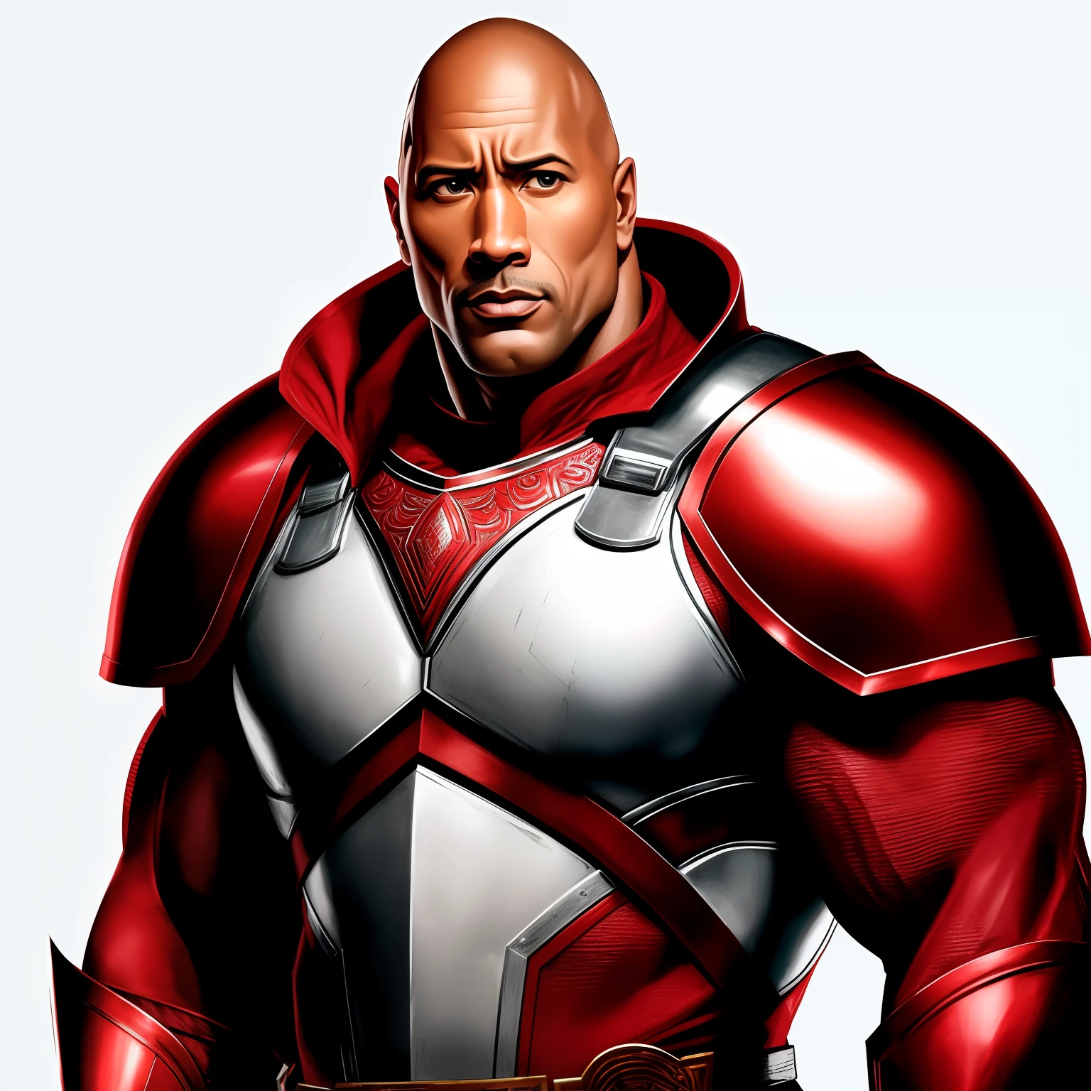 "Dwayne the Rock Johnson com barba branca, wearing red armor and positioned in completely white background."