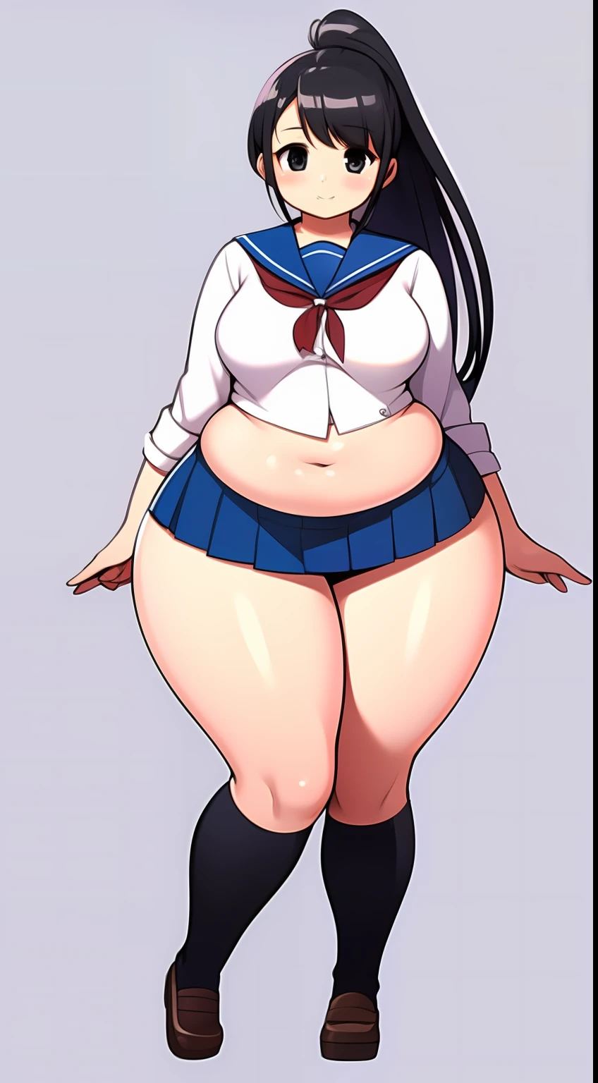 1girl, white school uniform, black hair, black eyes, bangs, ponytail, lovely, chubby, little belly, thick legs,