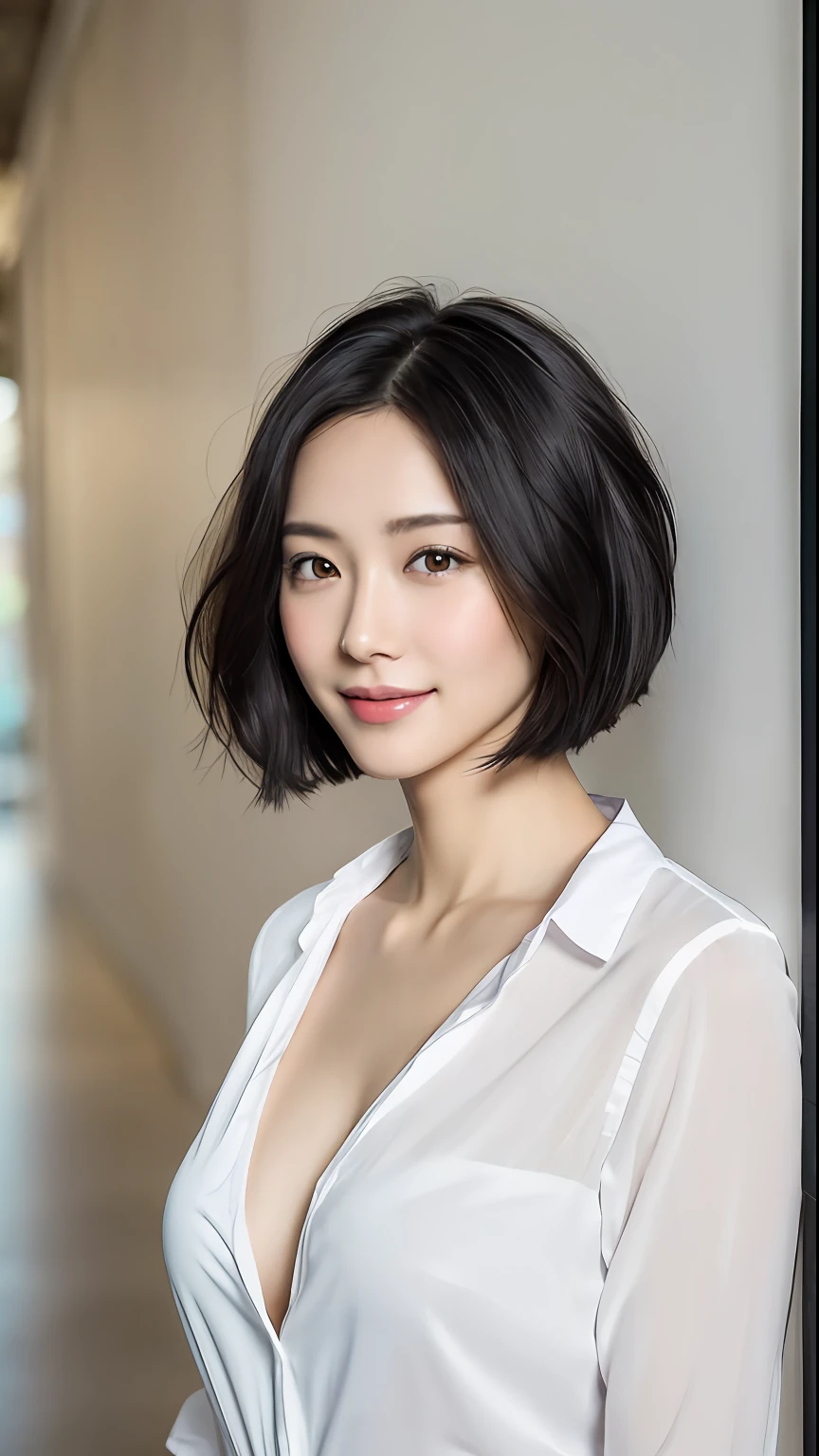 (masterpiece:1.3), (8k, photorealistic, RAW photo, best quality: 1.4), japanese, (1girl), beautiful face, (realistic face), (black hair, short hair:1.3), beautiful hairstyle, realistic eyes, beautiful detailed eyes, (realistic skin), beautiful skin, attractive, ultra high res, ultra realistic, highly detailed, golden ratio, (detaled face:1.2),looking at viewer,smile,open white shirt,medium breasts,standing,hand on hip