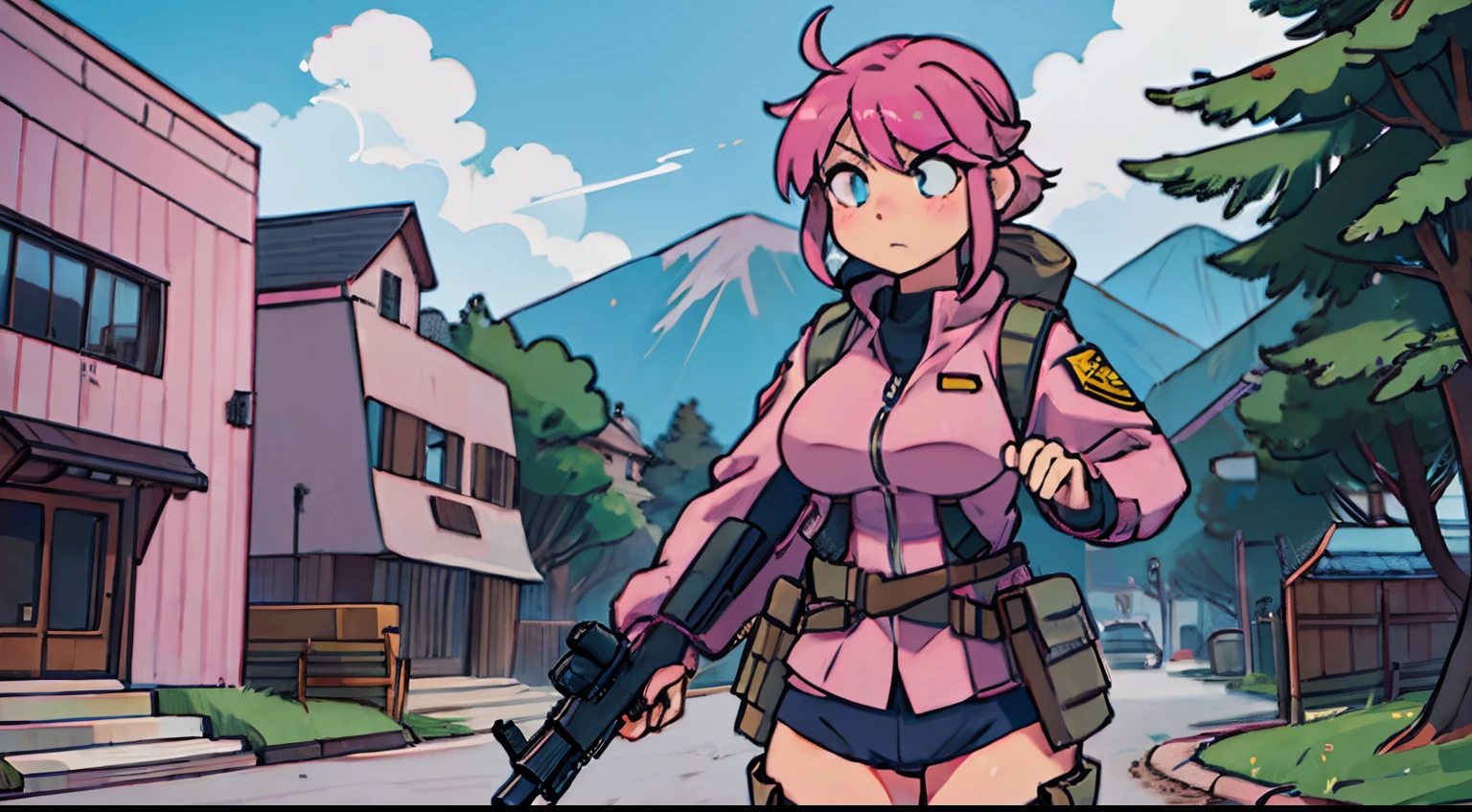 Military gear gun big breasts thighs anime pink hair