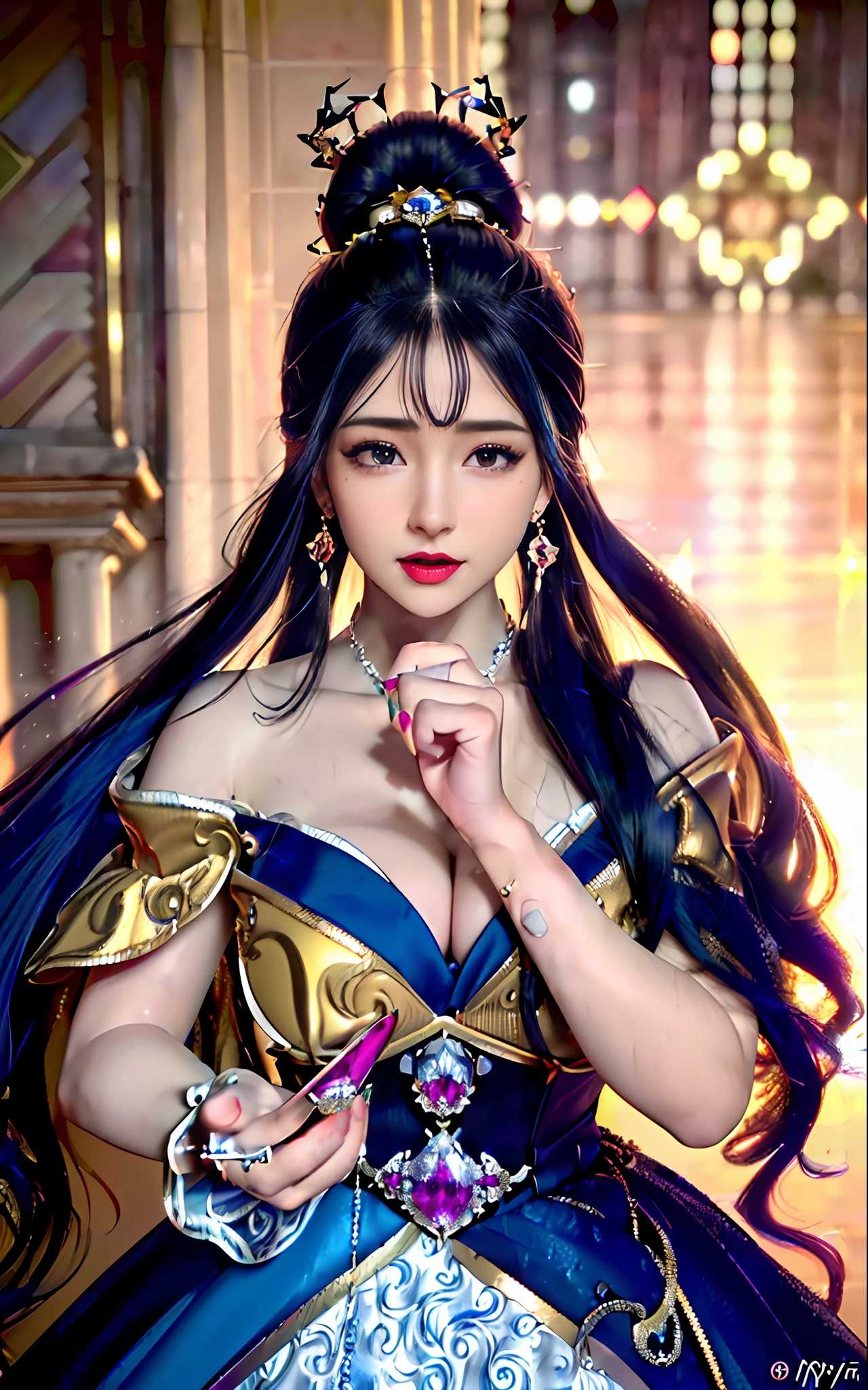 ((realisticity: 1.2)), ((realistic: 8K UHD)), ((best resolution: 8K UHD)), hyper detailed, best quality,masterpiece,highres,cg, ((1 girl hyper detailed and hyper realistic) ) , ((beautiful queen, hyper realistic and hyper detailed)),((white skin, beautiful, smooth, youthful, hyper realistic and hyper detailed )), ((Face hyper beautiful, white, hyper realistic and hyper detailed ) ), long hair, ((hyper realistic and hyper detailed dress)), solo, ((hyper realistic, hyper beautiful, beautiful and hyper detailed jewelry)), ((hyper beautiful deep red and golden yellow dress, hyper realistic and hyper detailed )) , ((Her pretty, hyper realistic, hyper detailed diamond filled earrings)), ((Her gorgeous diamond haircut, hyper realistic and hyper detailed)), ((hyper pretty upper body, hyper beautiful, hyper realistic and hyper detailed) ), ((medium breast: 1.5)), ((hyper realistic, hyper pretty, hyper detailed boobs)),   ((the backgroun of the royal palace is hyper majestic, hyper realistic and hyper detailed)),((hands and palms hyper beautiful, hyper detailed, hyper realistic)), ((fingers: pinky finger, index finger, ring finger, middle finger, and thumb hyper realistic, hyper detailed, hyper beautiful)), ((hyper pretty, hyper pretty, hyper realistic and hyper detailed hair bun)), ((hyper pretty , hyper realistic and hyper detailed blue hair)), candid, Photo, high resolution, 8k , bokeh,