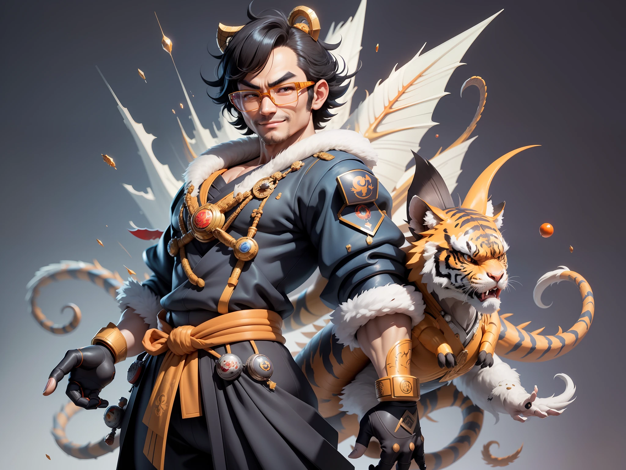 (Masterpiece), (Excellent), (Super Meticulous), (Full Body: 1.2), Super Young Man with Japanese Female Geisha, Pretty, Beautiful, Chinese Dragon, Tiger, Wind God Thor, Sexy, Bursting, Oriental Face, TV Anchor, Bust Portrait Illustration, Black Suit, Blue Tie, Slightly Chubby Face, Silver Glasses, Very Clean Face, No Beard on Chin, Black Super Short Hair, Black Eyes, Confident Smile, 3c Computer Sub-Products, iPad, iPhone, Digital Painting, 3D character design by Mark Clairedon and Pixar and Hayao Miyazaki and Akira Toriyama, the illustrations are HD illustrations in 4K resolution with highly detailed facial features and cartoon-style visuals.