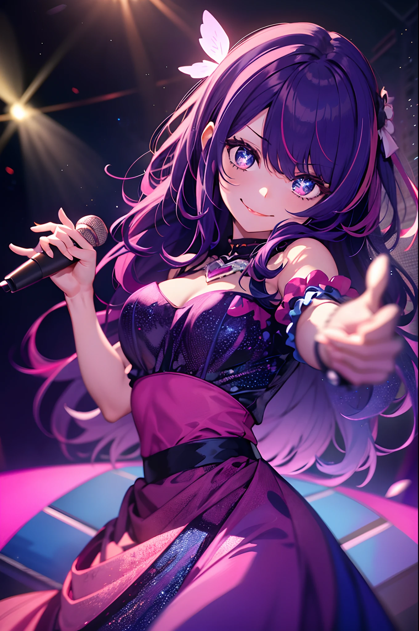 "Masterpiece, intricate details, vibrant colors, (1 girl: 1.2), captivating idol with striking purple hair and a charming smile, wearing a stunning pink dress adorned with stars, mesmerizing starry eyes, performing on a dazzling stage, gracefully dancing while holding a microphone, cheering viewers,with an alluring touch of playfulness and a hint of tongue sticking out, in breathtaking 8k resolution."