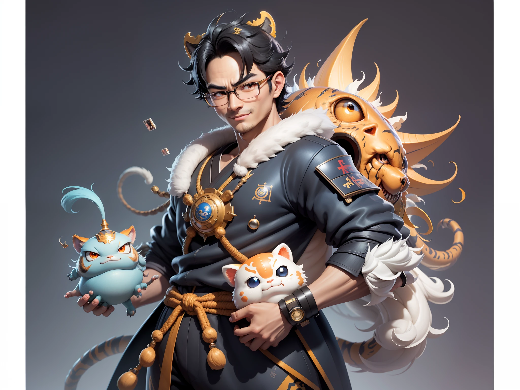 (Masterpiece), (Excellent), (Super Meticulous), (Full Body: 1.2), Super Young Man with Japanese Female Geisha, Pretty, Beautiful, Chinese Dragon, Tiger, Wind God Thor, Sexy, Bursting, Oriental Face, TV Anchor, Bust Portrait Illustration, Black Suit, Blue Tie, Slightly Chubby Face, Silver Glasses, Very Clean Face, No Beard on Chin, Black Super Short Hair, Black Eyes, Confident Smile, 3c Computer Sub-Products, iPad, iPhone, Digital Painting, 3D character design by Mark Clairedon and Pixar and Hayao Miyazaki and Akira Toriyama, the illustrations are HD illustrations in 4K resolution with highly detailed facial features and cartoon-style visuals.