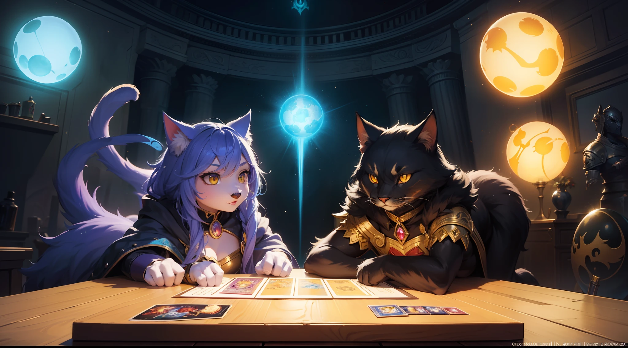 Illustration of a cat with a glowing orb on its paws, furry fantasy art, full art illustration, Arte completo, fantasy card game art, magic the gathering art style, Estilo de arte arcano, pintado en el estilo arcano, dnd arte fantaso, Splash Art oficial, Mago Zorro Oscuro, anthropomorphic cat ninja, league of legends art style, Arte de salpicaduras de personajes