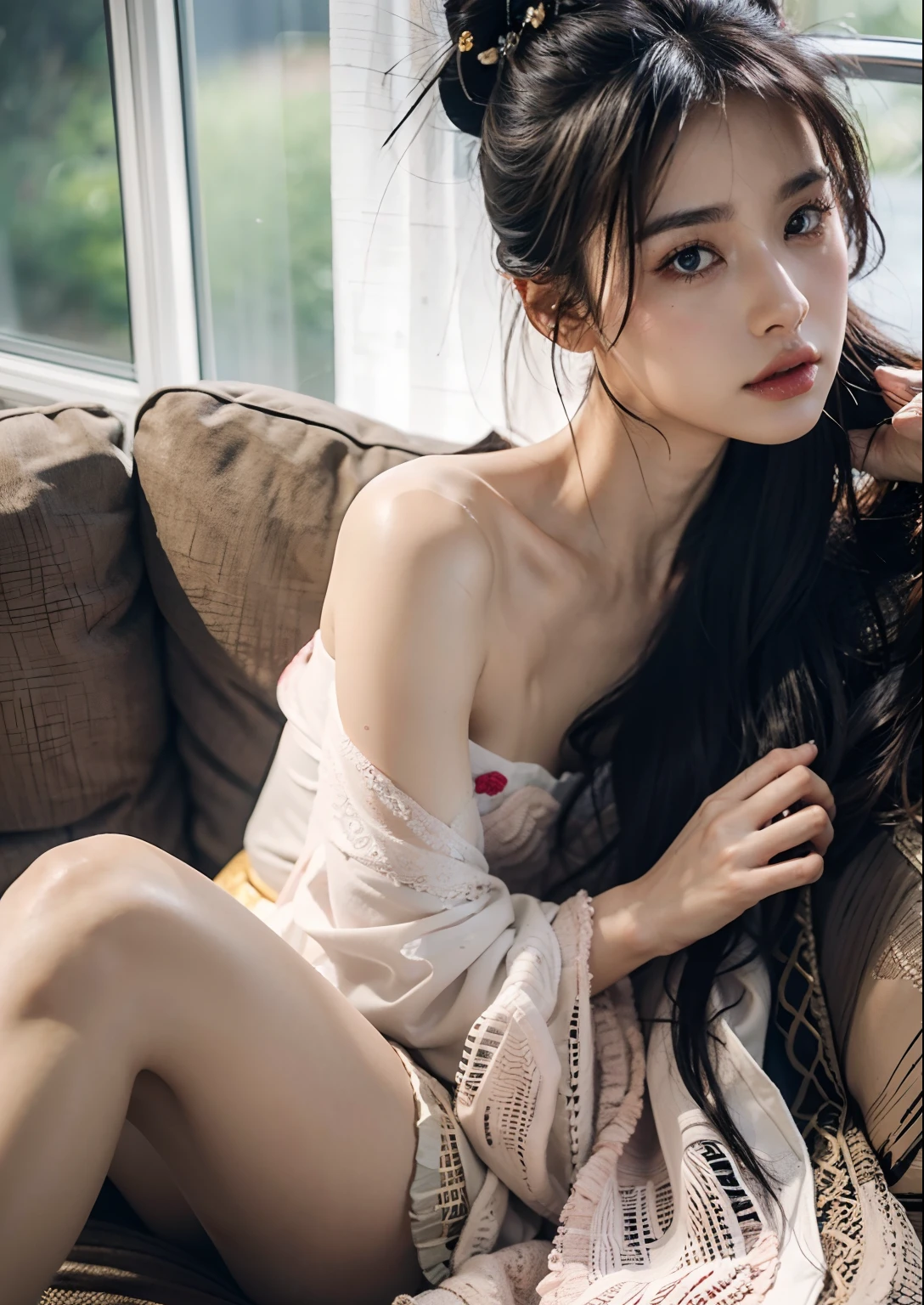 Random posture, 
(raw photo,8k,photorealistic:1.3),(masterpiece, best quality),  (from below), 35mm shot, looking at viewer, highres, 
((a girl, solo)) , (detailed beautiful face, beautiful detailed pink eyes,  detailed perfect skin), 
((flat chest)), high ponytail contorted, eyes visible through hair, (blush), wet hair,
sitting, white|black kimono, topless, (leg crossed) , arms behind back, water, hair ornament, lace trim,