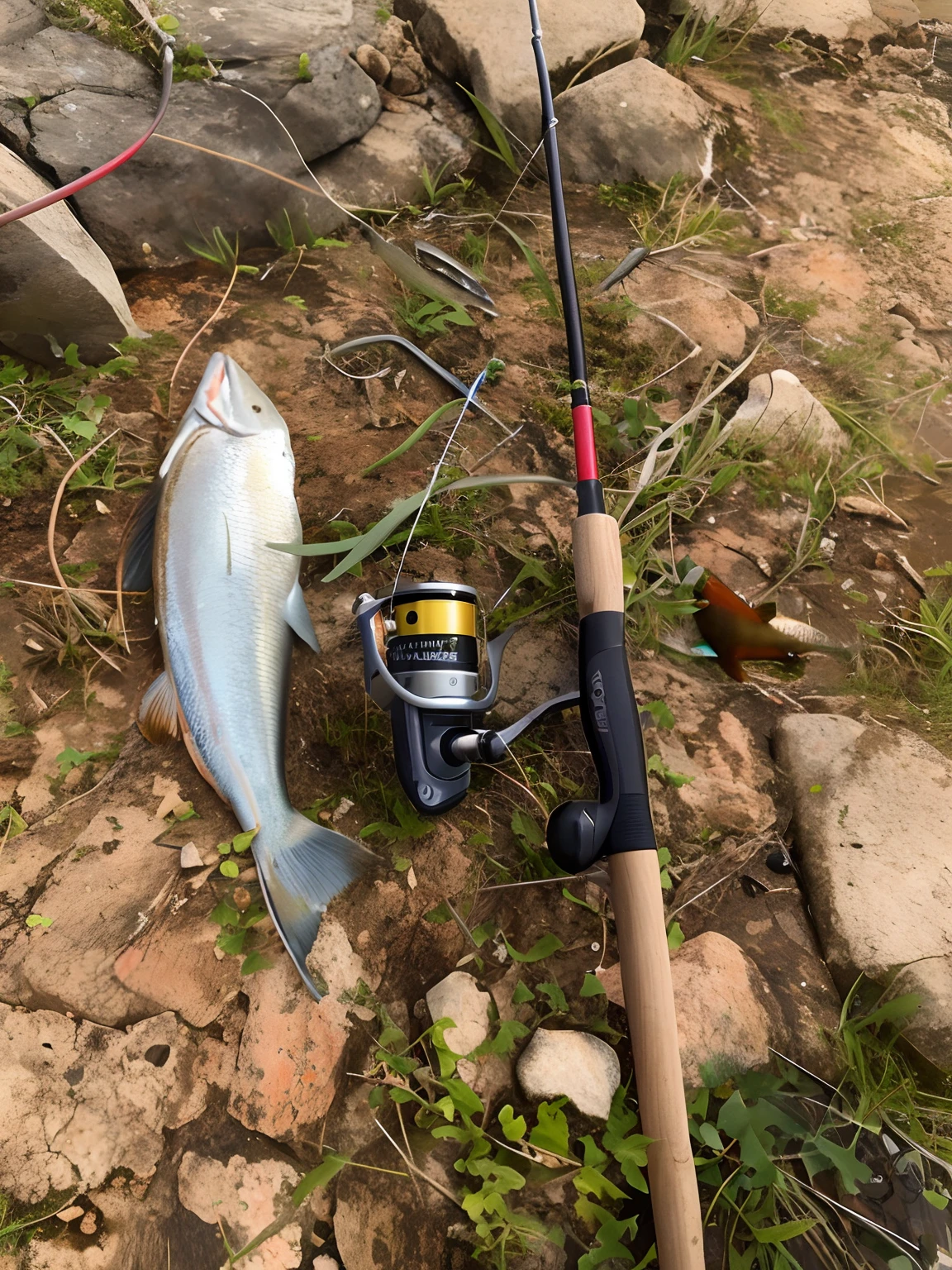 Close-up of fishing rods and fish on rocky ground, fish in the background, Baby sharks, album photo, fishing pole,high resolution!!,high-quality picture, photograph taken in 2 0 2 0, photograph taken in 2 0 2 0