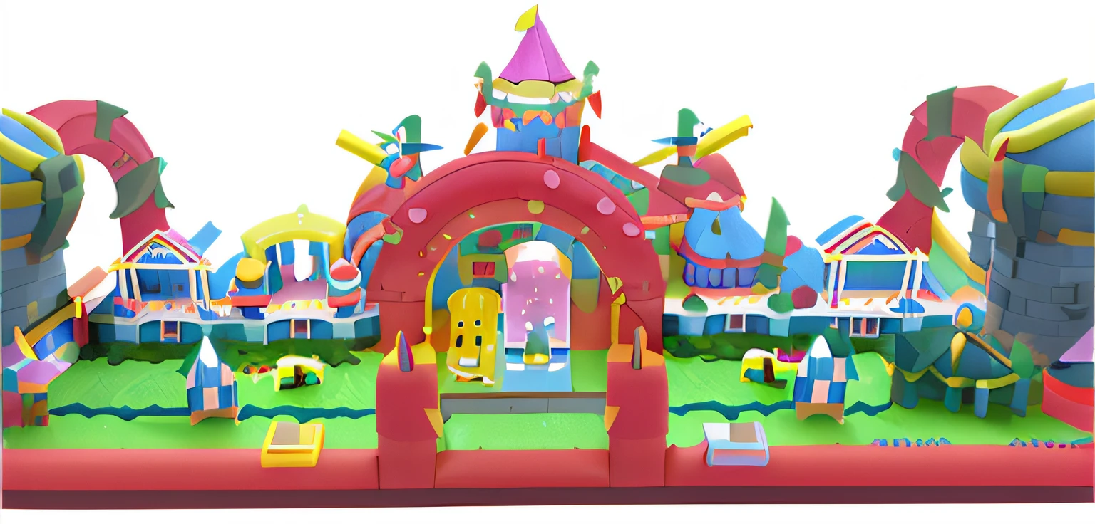 There is an inflatable castle with slides and slides, Inflatable bodyguard castle, fantasy land, Inflatable landscape with forest, giant snake castle, inflatable, flying cloud castle, Full view, flying castle, center view, digger land amusement park, amusement park attractions, Children, softplay, activity play centre, inflateble shapes, front side full, Castle, Features