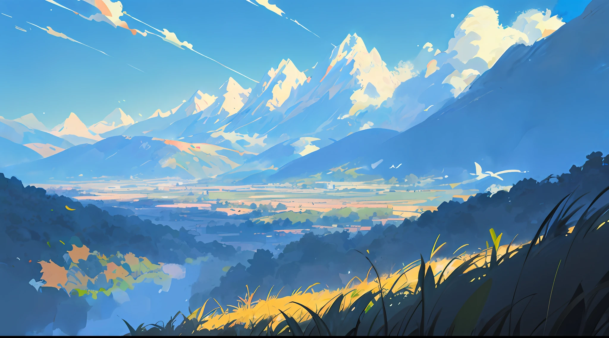 anime big breast, Field of anime, ghibli artstyle, Makoto Shinkai's style,detailed scenic view，scenecy，The mountains in the distance are undulating