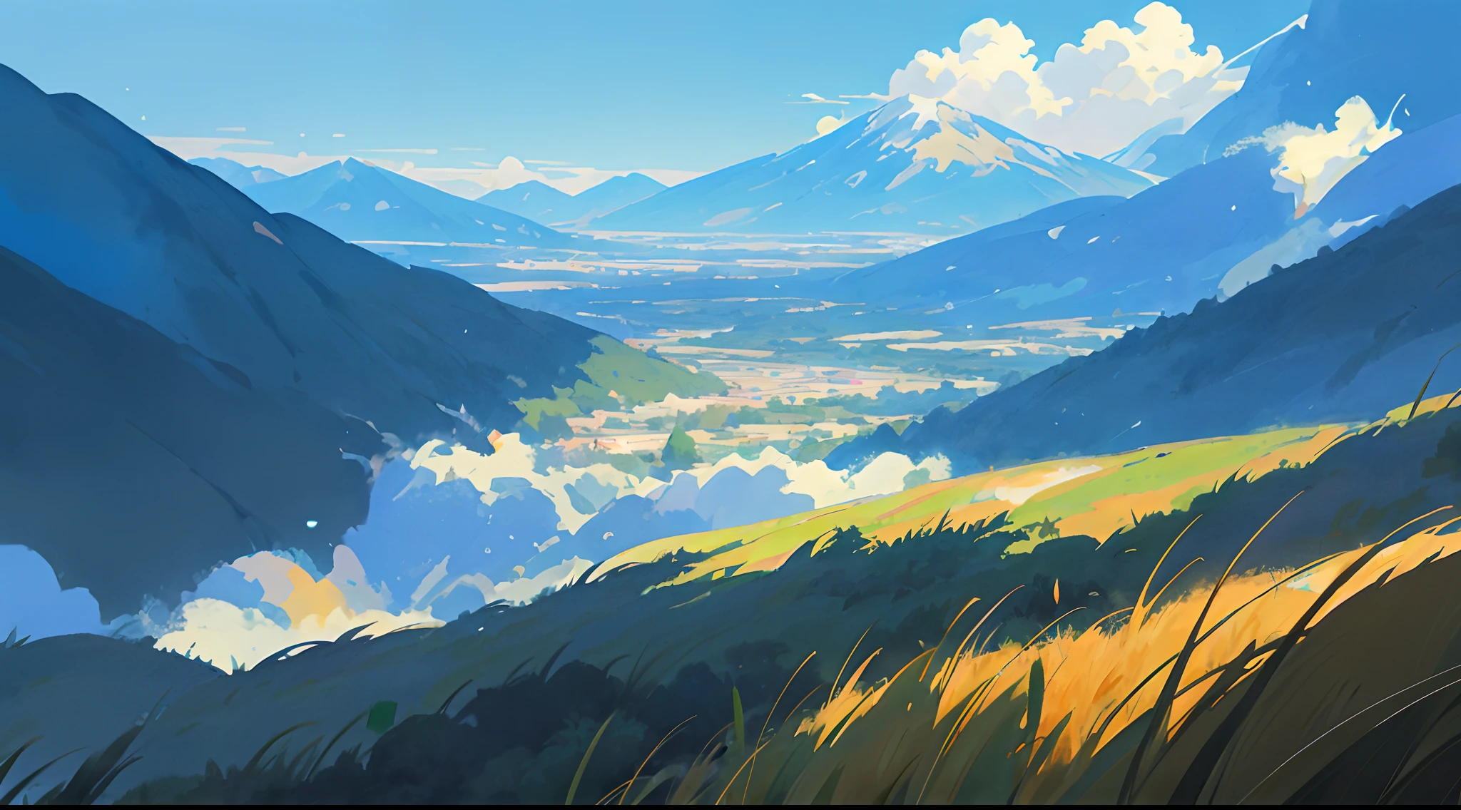 anime big breast, Field of anime, ghibli artstyle, Makoto Shinkai's style,detailed scenic view,scenecy,The mountains in the distance are undulating