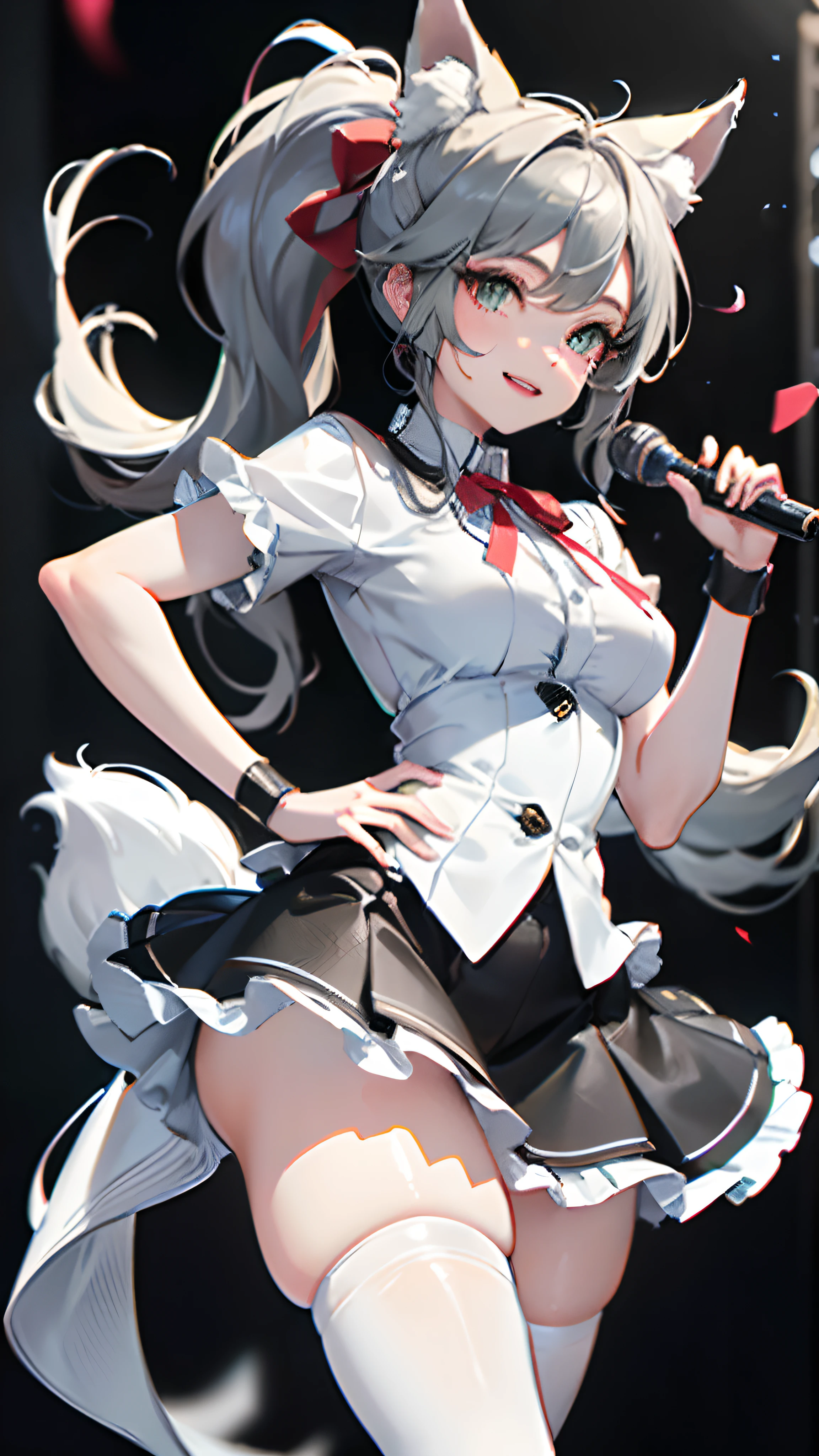 (RAW Photo: 1.2), (Photorealistic: 1.4), (Masterpiece: 1.3), (Best Quality: 1.4), Ultra High Resolution, (Detailed Eye Features), (Detailed Facial Features), (Detailed Clothing Features), HDR, 8k Resolution, Solo Focus, Skin Tight, (Glossy Skin), (Slender Girl), (Ultra Detailed Illustration), Check Commentary, Commentary request, no letters, , VirtualGirl-Aim, 1 girl, full body, cute, innocent, (smile), perfect body, white and beautiful skin, wavy silver hair, short cut, ponytail, red ribbon, beautiful green eyes, smile, idol, stage costume, mini skirt with frills, white knee socks, on stage, absolute territory, confetti fluttering, Penlight, big, singing with microphone in left hand, right hand on hip, fox ears, one fox tail,