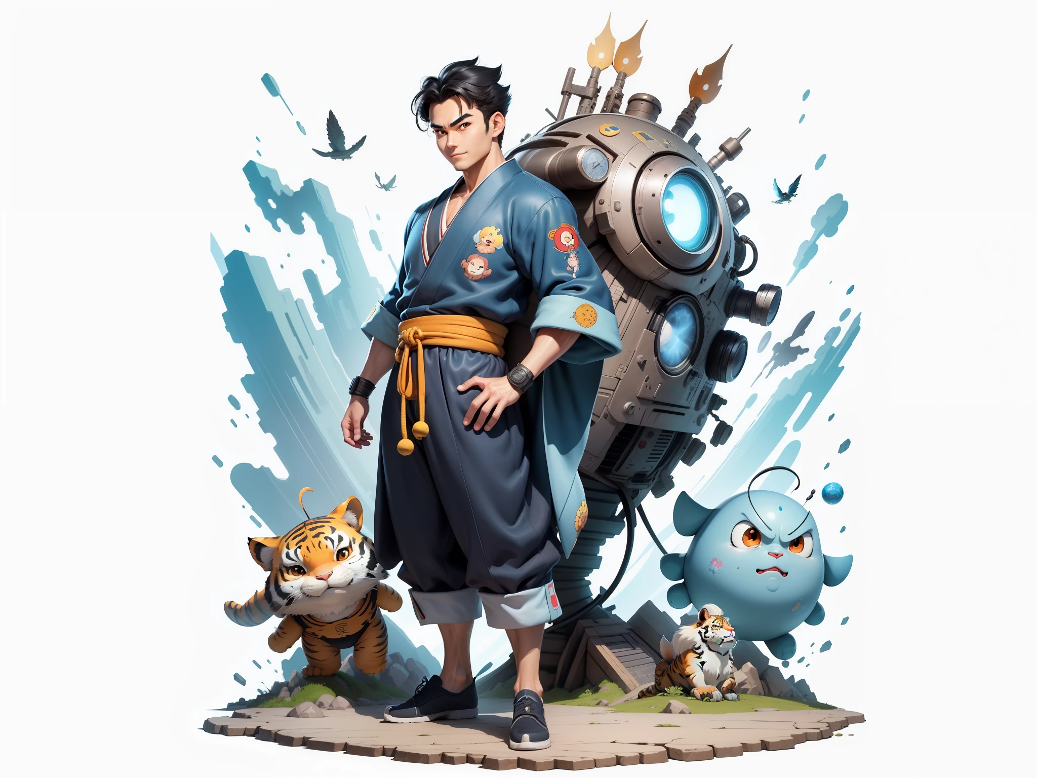 (Masterpiece), (Excellent), (Super Meticulous), (Full Body: 1.2), Super Young Man, Oriental Face, Japanese Kimono, Japanese Wind Thunder God, Dragon, Tiger, TV Anchor, Bust Portrait Illustration, Alone, Black Suit, Blue Tie, Slightly Chubby Face, Very Clean Face, No Beard, Black Super Short Hair, Black Eyes, Confident Smile, 3c Computer Sub-Products, iPad, iPhone, Digital Painting, 3D Character Design by Akira Toriyama and Mark Claireden and Pixar and Hayao Miyazaki, The illustration is a high-definition illustration in 4K resolution with very detailed facial features and cartoon-style visuals.