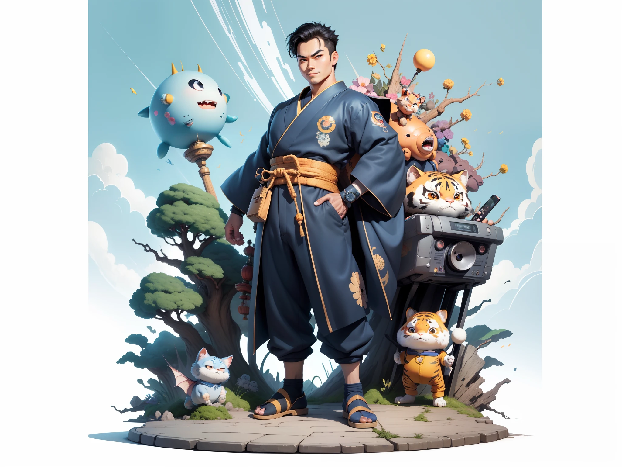 (Masterpiece), (Excellent), (Super Meticulous), (Full Body: 1.2), Super Young Man, Oriental Face, Japanese Kimono, Japanese Wind Thunder God, Dragon, Tiger, TV Anchor, Bust Portrait Illustration, Alone, Black Suit, Blue Tie, Slightly Chubby Face, Very Clean Face, No Beard, Black Super Short Hair, Black Eyes, Confident Smile, 3c Computer Sub-Products, iPad, iPhone, Digital Painting, 3D Character Design by Akira Toriyama and Mark Claireden and Pixar and Hayao Miyazaki, The illustration is a high-definition illustration in 4K resolution with very detailed facial features and cartoon-style visuals.