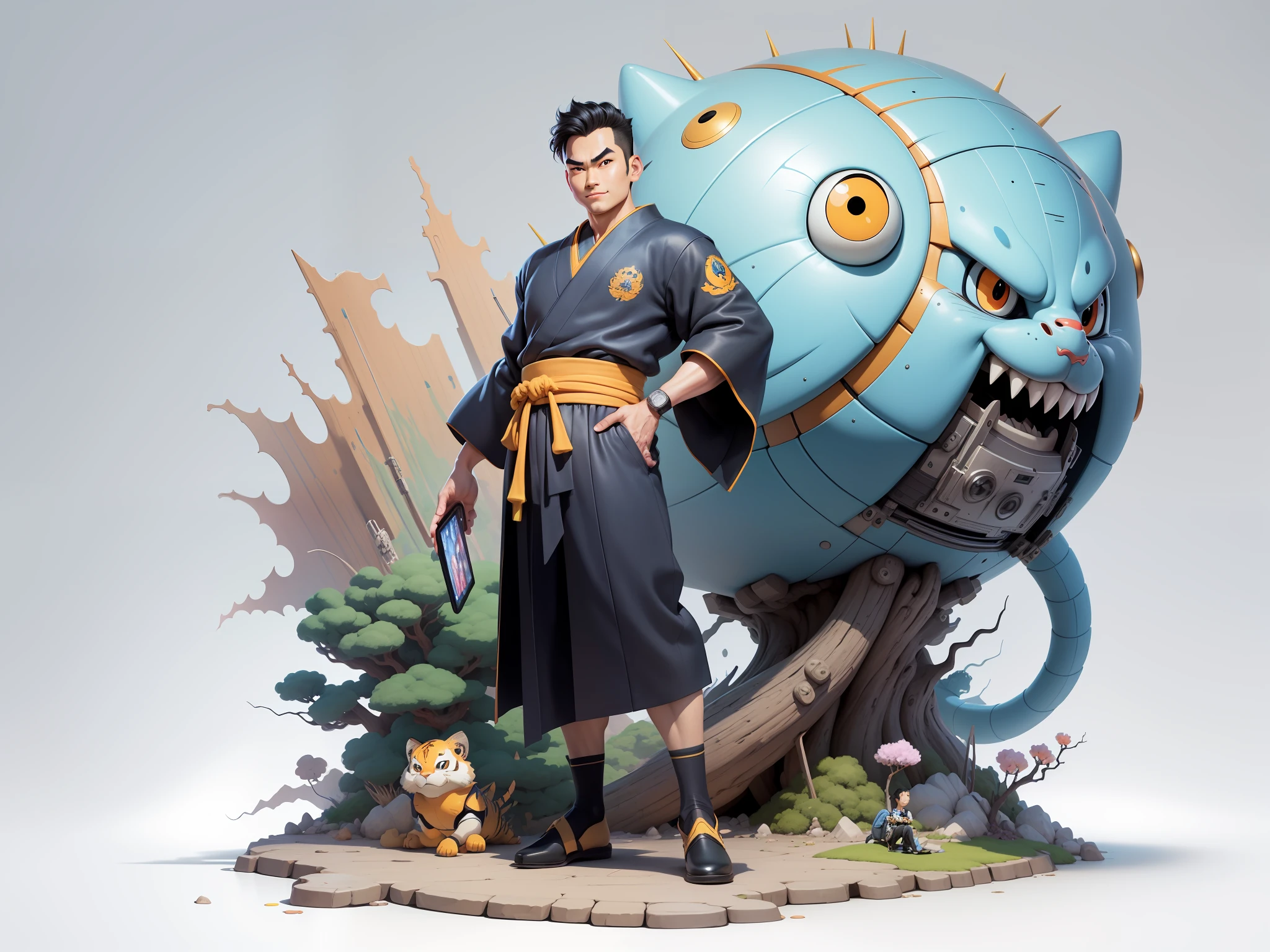 (Masterpiece), (Excellent), (Super Meticulous), (Full Body: 1.2), Super Young Man, Oriental Face, Japanese Kimono, Japanese Wind Thunder God, Dragon, Tiger, TV Anchor, Bust Portrait Illustration, Alone, Black Suit, Blue Tie, Slightly Chubby Face, Very Clean Face, No Beard, Black Super Short Hair, Black Eyes, Confident Smile, 3c Computer Sub-Products, iPad, iPhone, Digital Painting, 3D Character Design by Akira Toriyama and Mark Claireden and Pixar and Hayao Miyazaki, The illustration is a high-definition illustration in 4K resolution with very detailed facial features and cartoon-style visuals.