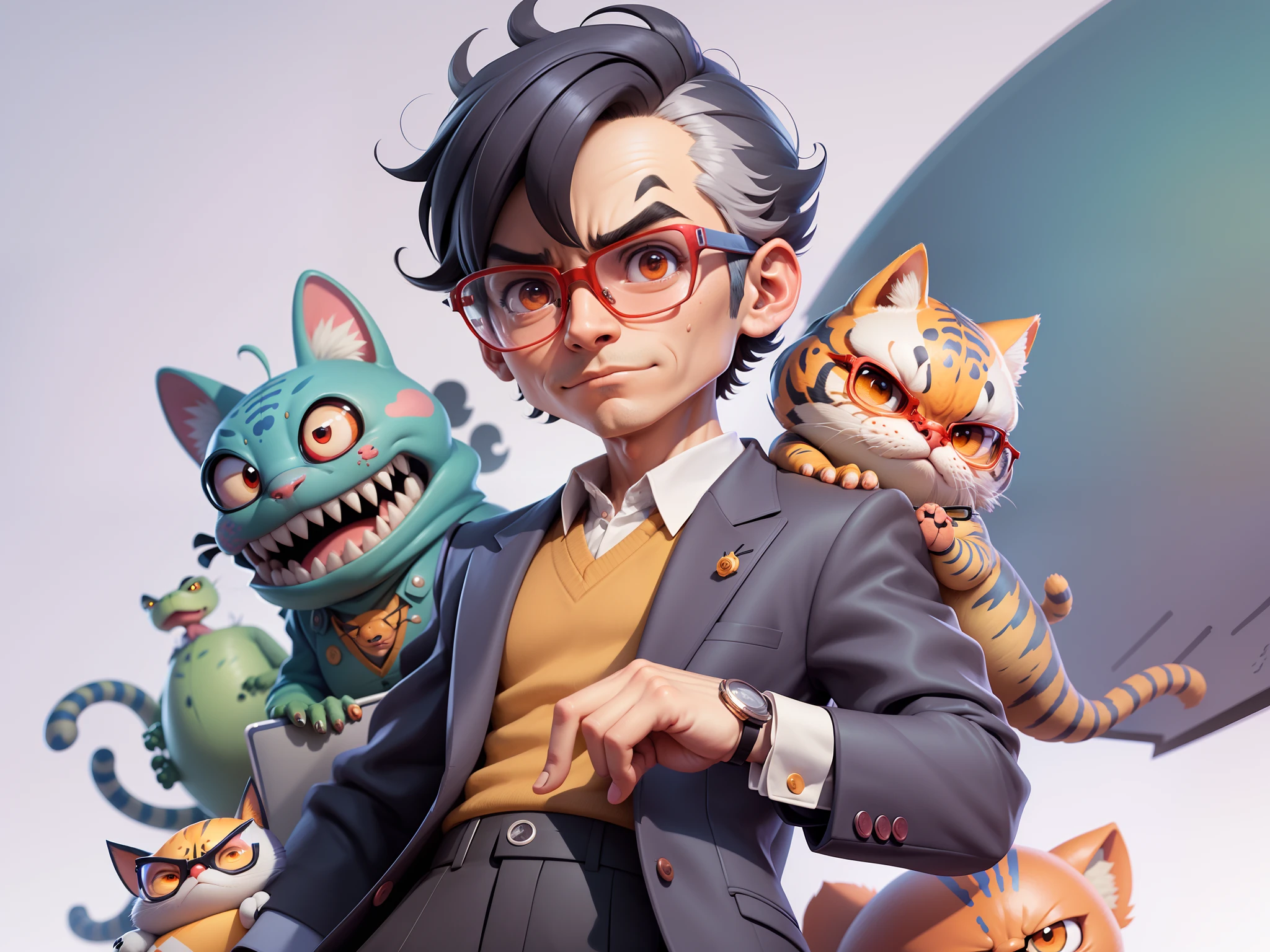 A young man in a suit, Short hair and glasses sat at his desk,holding laptop,digitial painting,tigre,3D character design by Mark Clairen and Pixar and Hayao Miyazaki and Akira Toriyama,4K HD illustration,Very detailed facial features and cartoon-style visuals。
