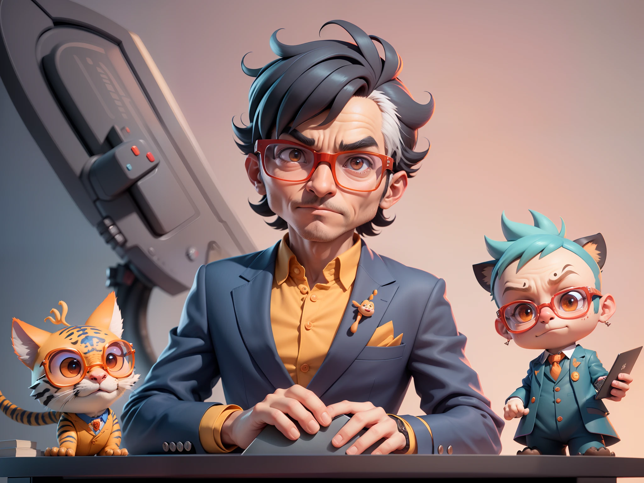 A young man in a suit, Short hair and glasses sat at his desk，holding laptop，digitial painting，tigre，3D character design by Mark Clairen and Pixar and Hayao Miyazaki and Akira Toriyama，4K HD illustration，Very detailed facial features and cartoon-style visuals。