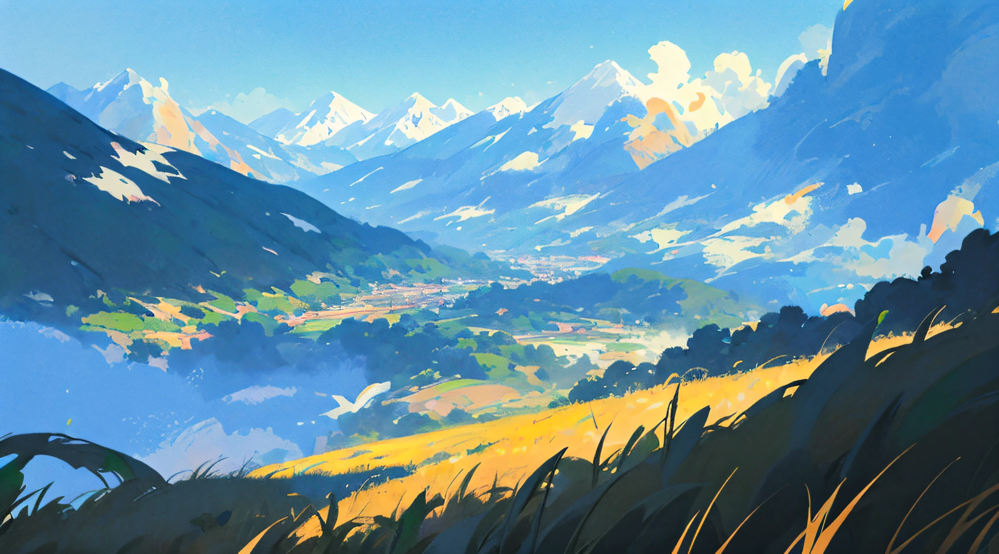 anime big breast, Field of anime, ghibli artstyle, Makoto Shinkai's style,detailed scenic view,scenecy,The mountains in the distance are undulating