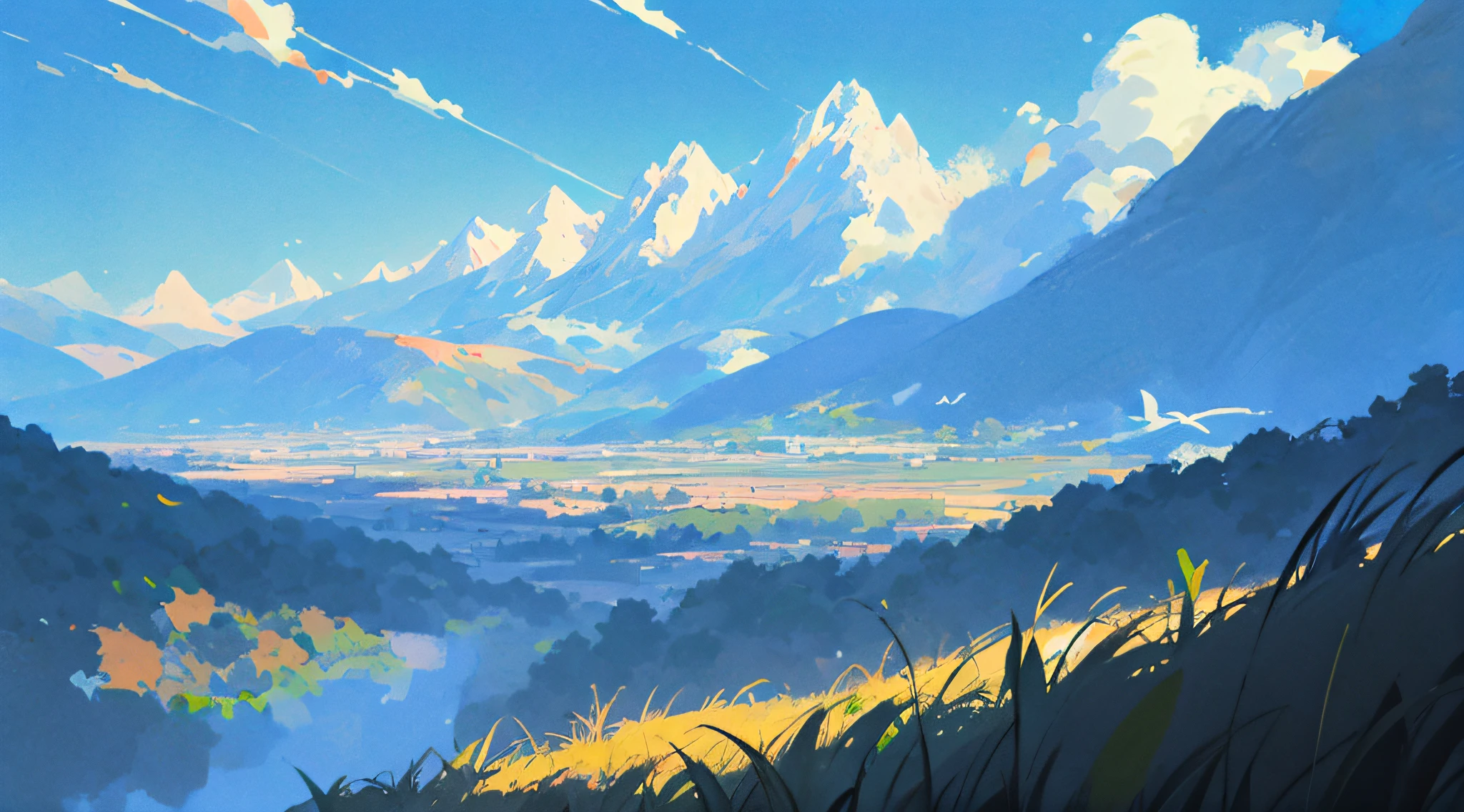anime big breast, Field of anime, ghibli artstyle, Makoto Shinkai's style,detailed scenic view，scenecy，The mountains in the distance are undulating