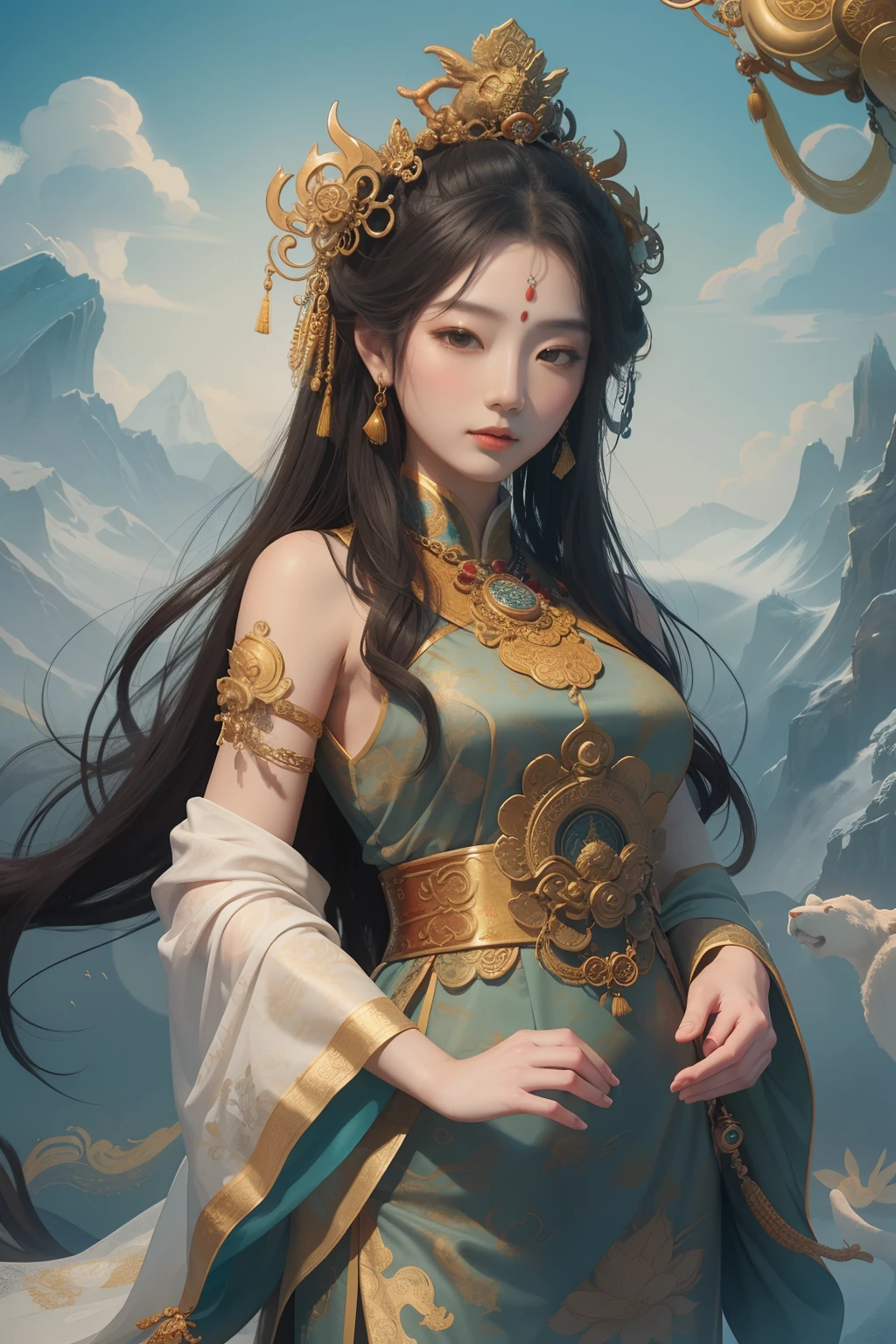 an ancient Chinese goddess, guanyin of the southern seas, Guanyin, Inspired by China, Avalokiteshvara rides a lion,,Serene expression,shui mo hua,Buddha,Buddhist,Lotus,Chinese painting style,Thangka style