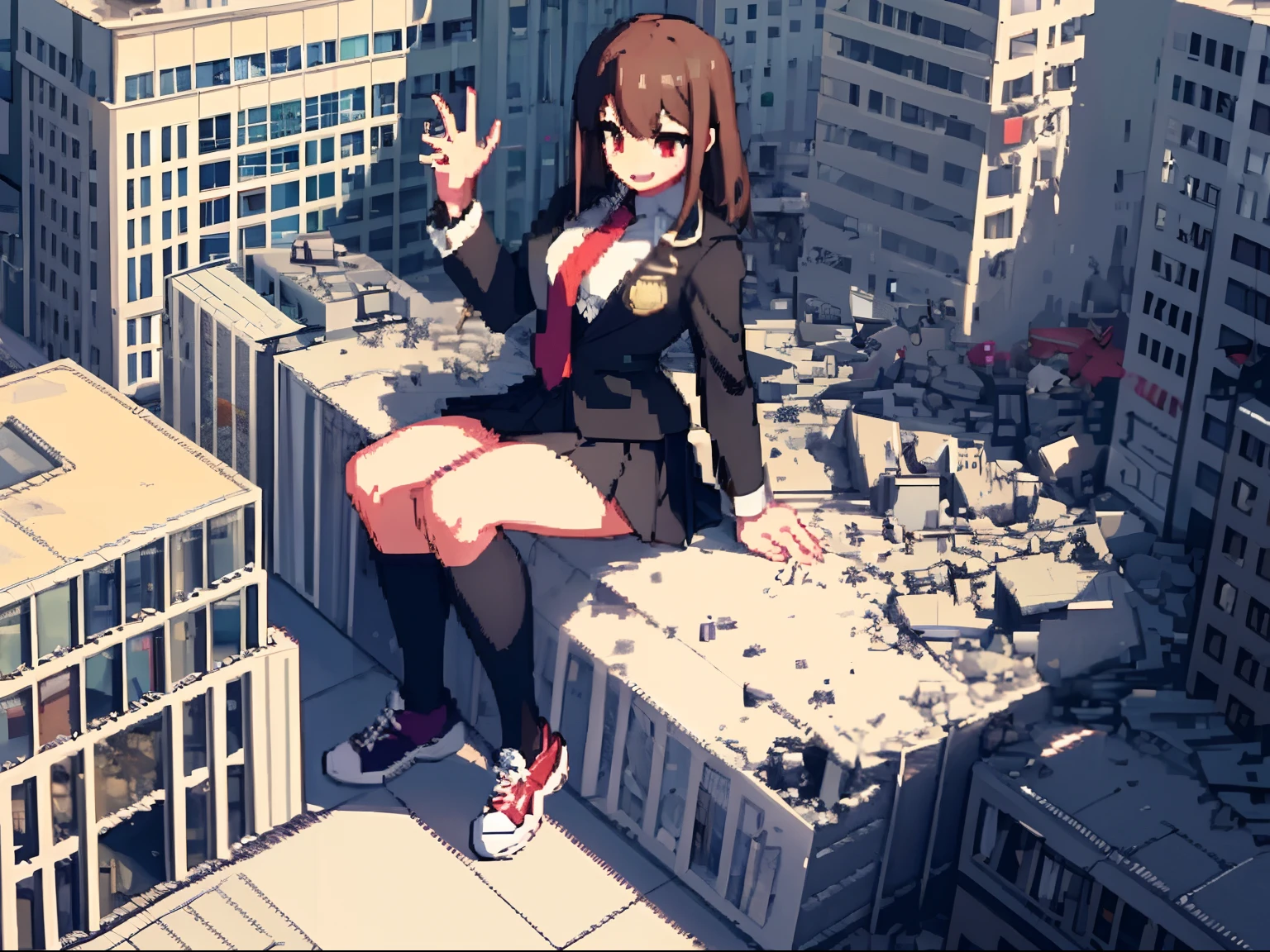 hcnone, pixel art, masterpiece, pixel, 1girl, Bigger than the building, Brown hair, Red eyes, bangs, suit, black necktie, Black pleated skirt, Black socks, Sneakers, school uniform, Smile, Naughty, Anatomically correct, Textured skin, GTSCity, Destroyed buildings, City model, anime style, cute,