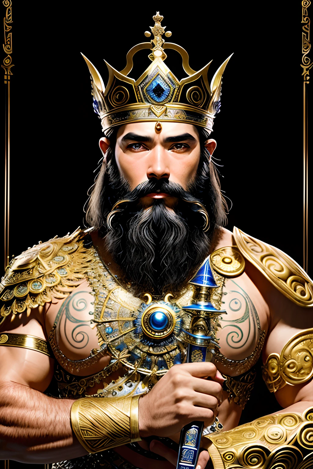 absurderes、hight resolution、ultra-detailliert、(Ultra detailed backgrounds、detailedbackground)、ighly detailed、
male people、Legendary Sword、(Zentangle:1.1)、(Geometry:1.1)、Cool hair and beard、Good anatomy、Dramatic、Award-winning、masterpiece、masterpiece、(Ancient Kings)、(hali々and the king's costume)、(Full fuselage)、(diadems)、Legendary Sage、King among kings in mythology、