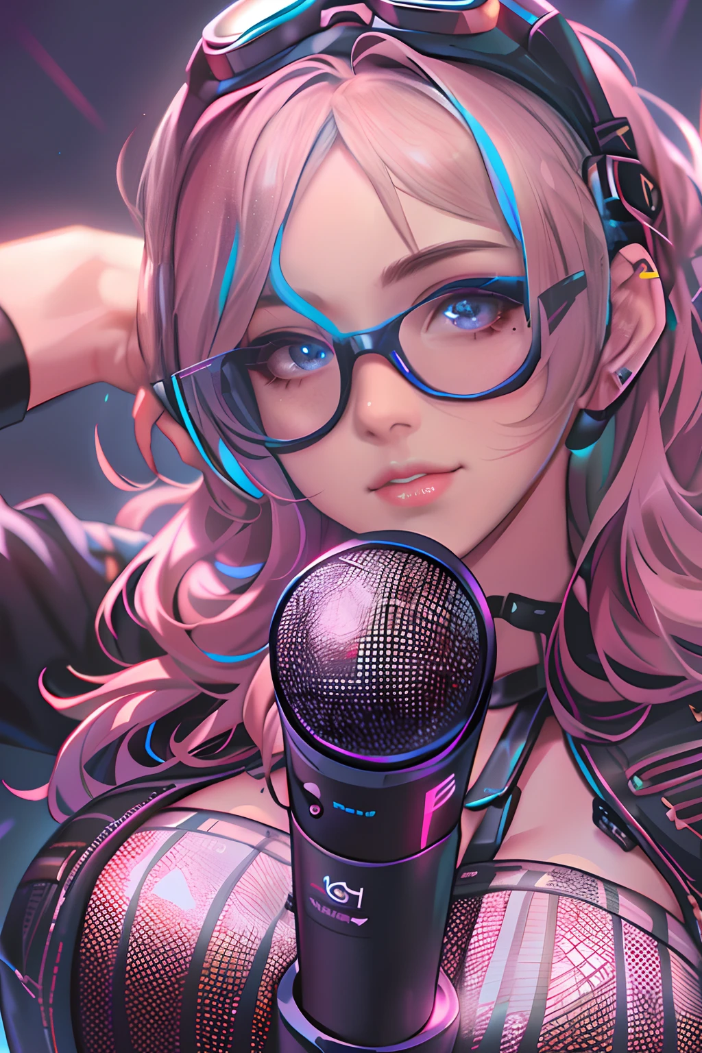 singers, microphones, Earphone, goggles, Stage, Stage costumes, RGB, (Sharp focus:1.2), Portrait, ((posing on a)), (Beautiful face:1.1), Detailed eyes, lusciouslips, ((skin indentation)), (bright studio lighting:1.2), HD singer looks, mole under eye, Depth of field, Bokeh, Realism, sparkle, god rays, 4K, textured skin, high quality